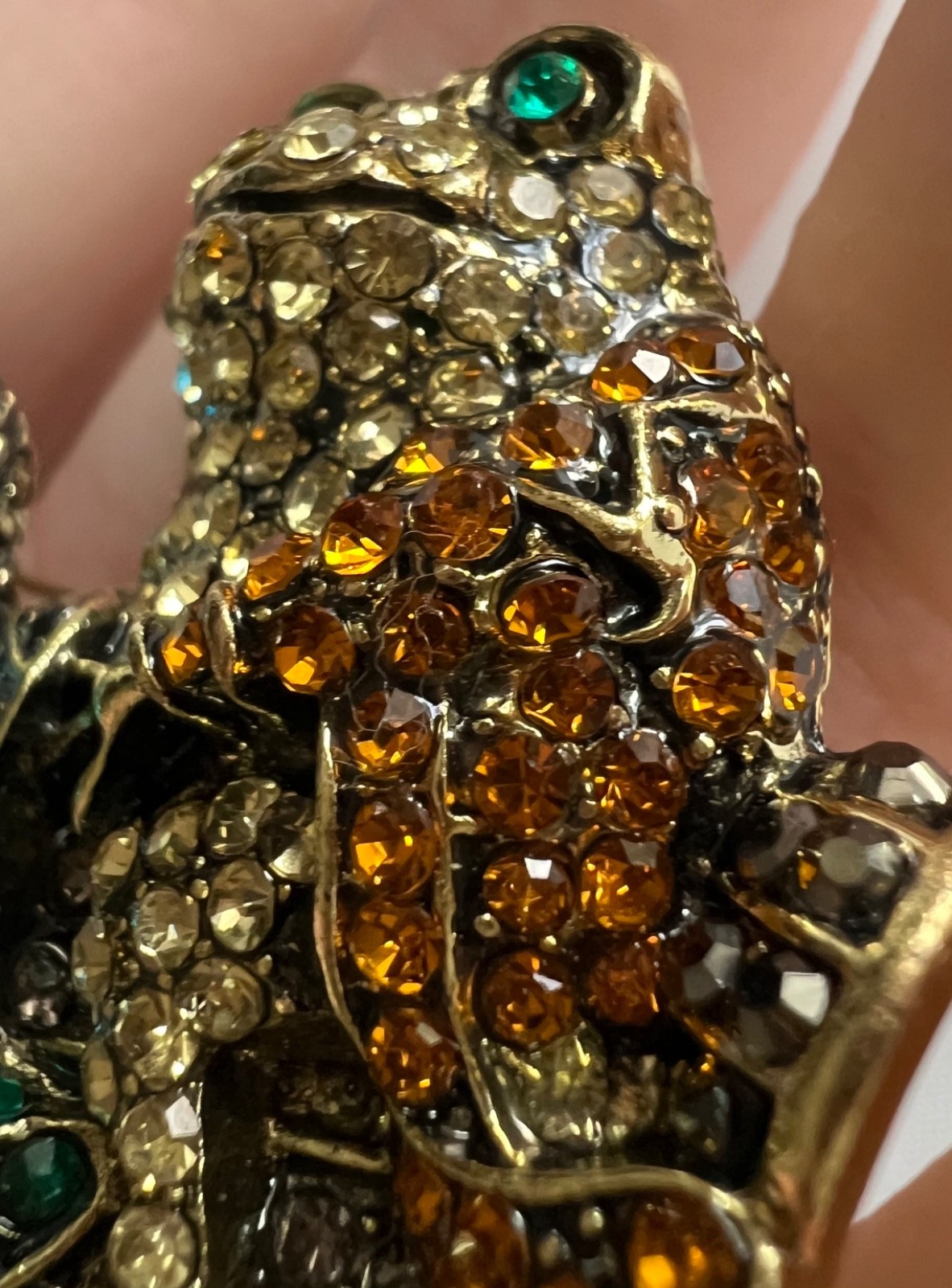 Large Whimsical Frog Pin Rhinestone Toad RIDING bike prince crown vtg Brooch
