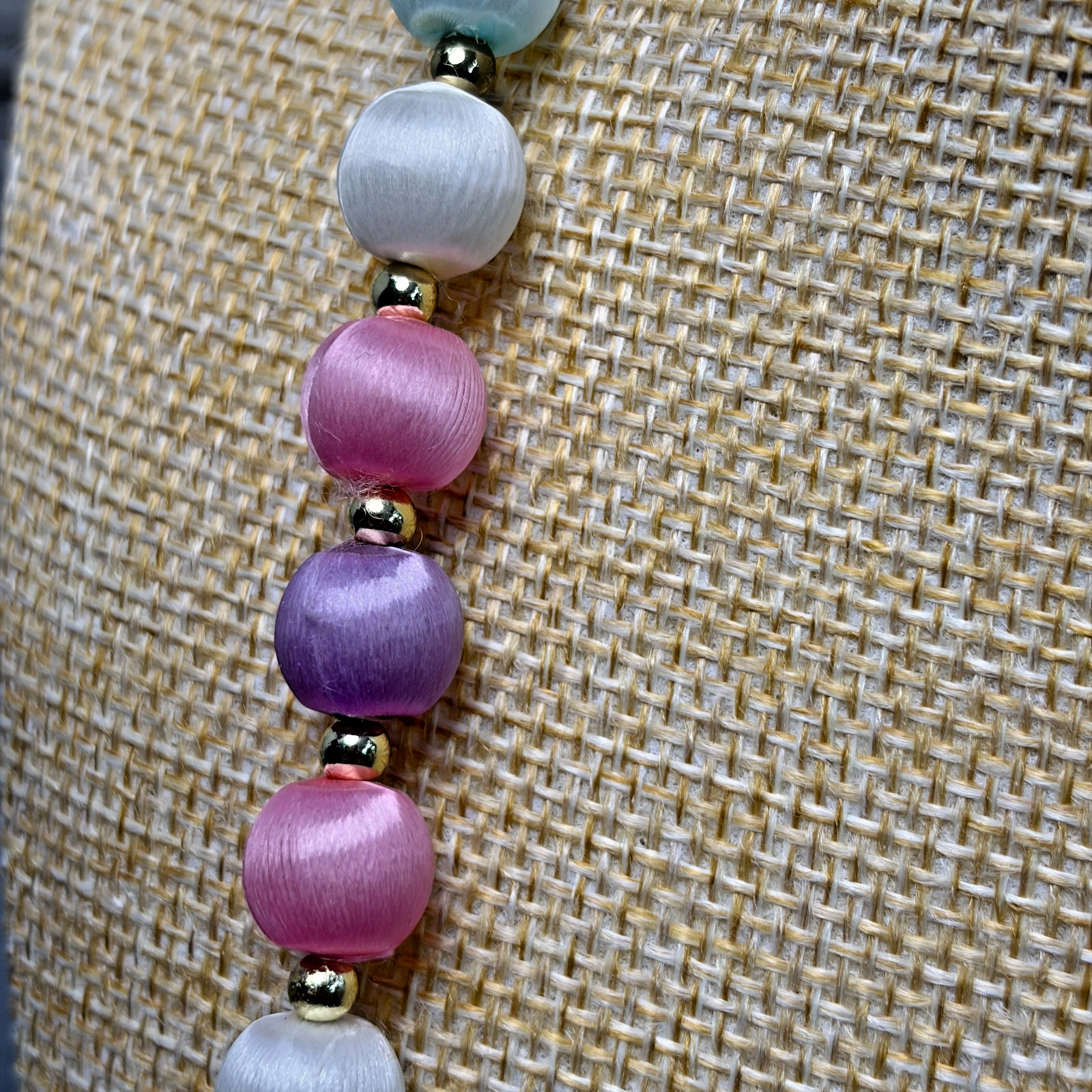 Vintage 80s Purple Pink Green White Pastel Handmade Satin Silk Bead Necklace