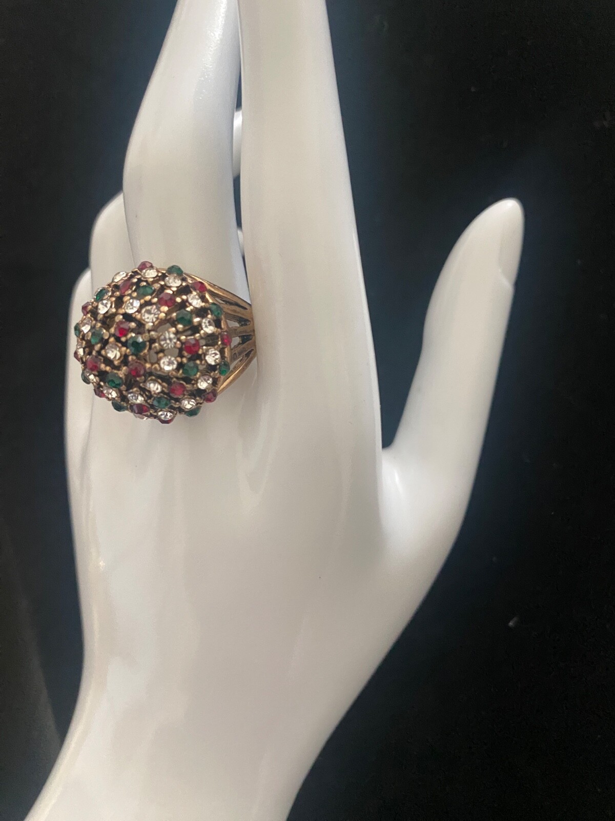 Ring Gold Tone Red Green Rhinestone Large statement Cocktail MCM Sz 9