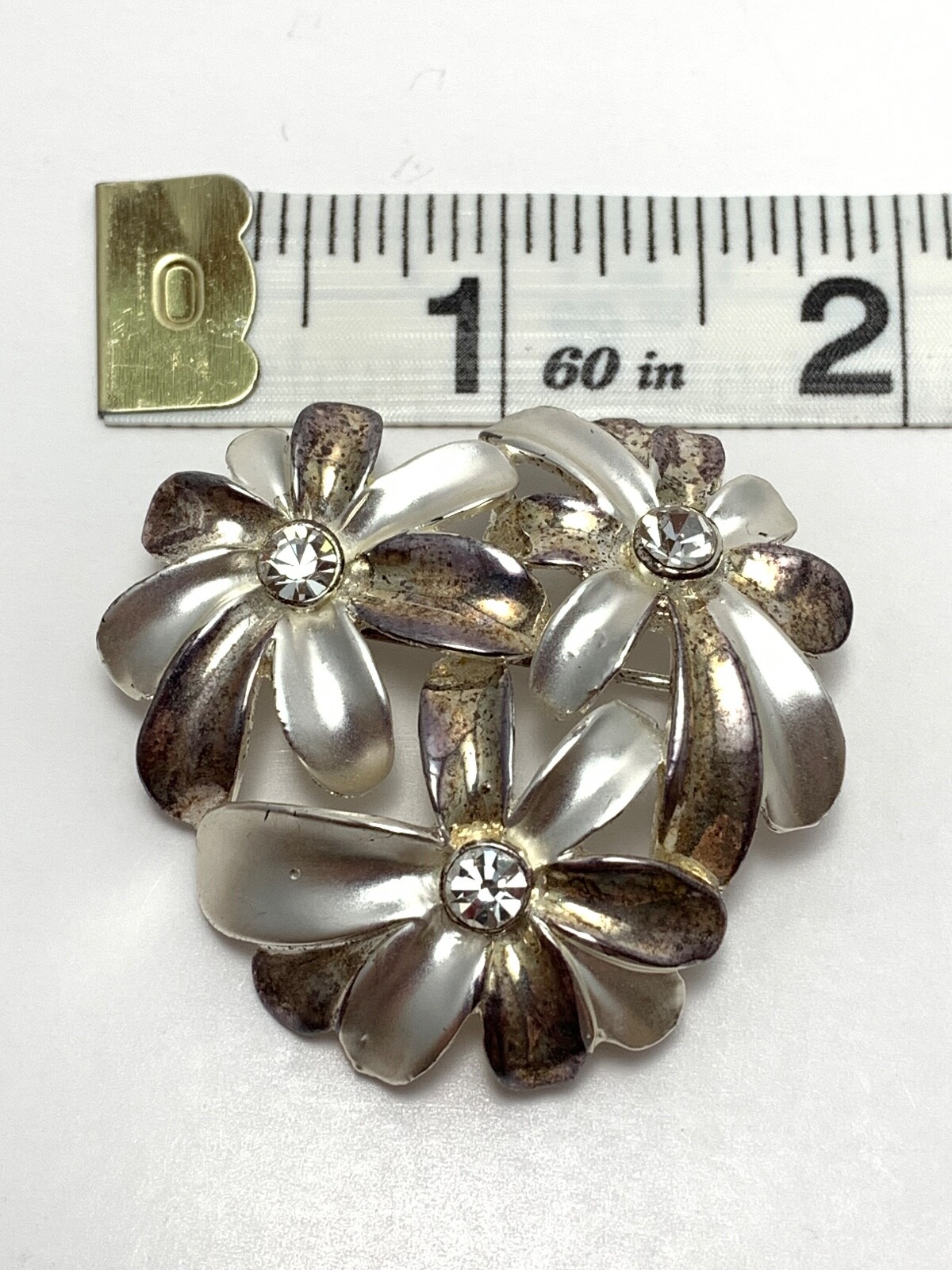 Vintage Silver Tone with White Stone Floral Brooch with Matching Clip Earrings