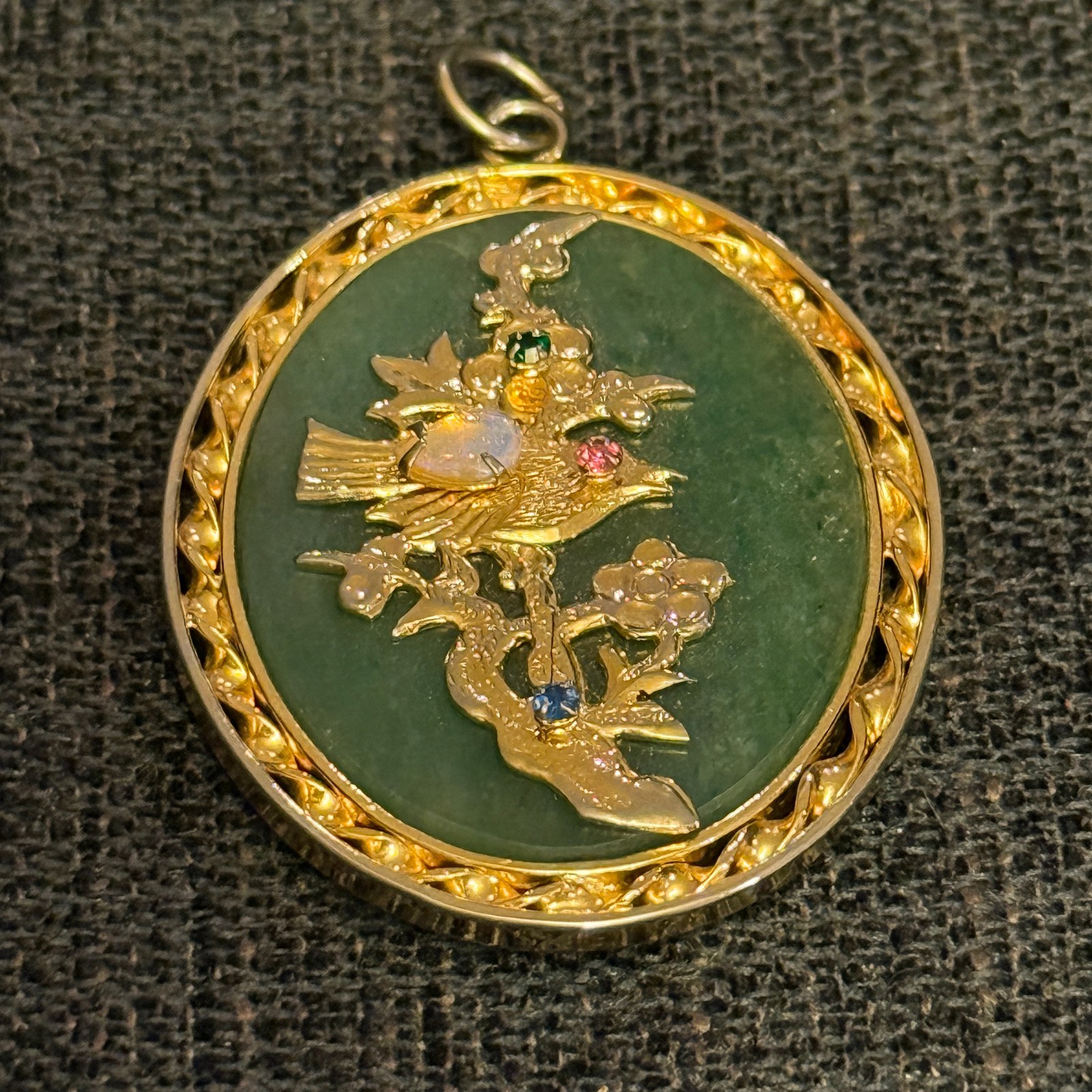 VTG Chinese Jade Pendant Opal Ruby Sapphire Emerald Bird Gold Tone Reversible Fu