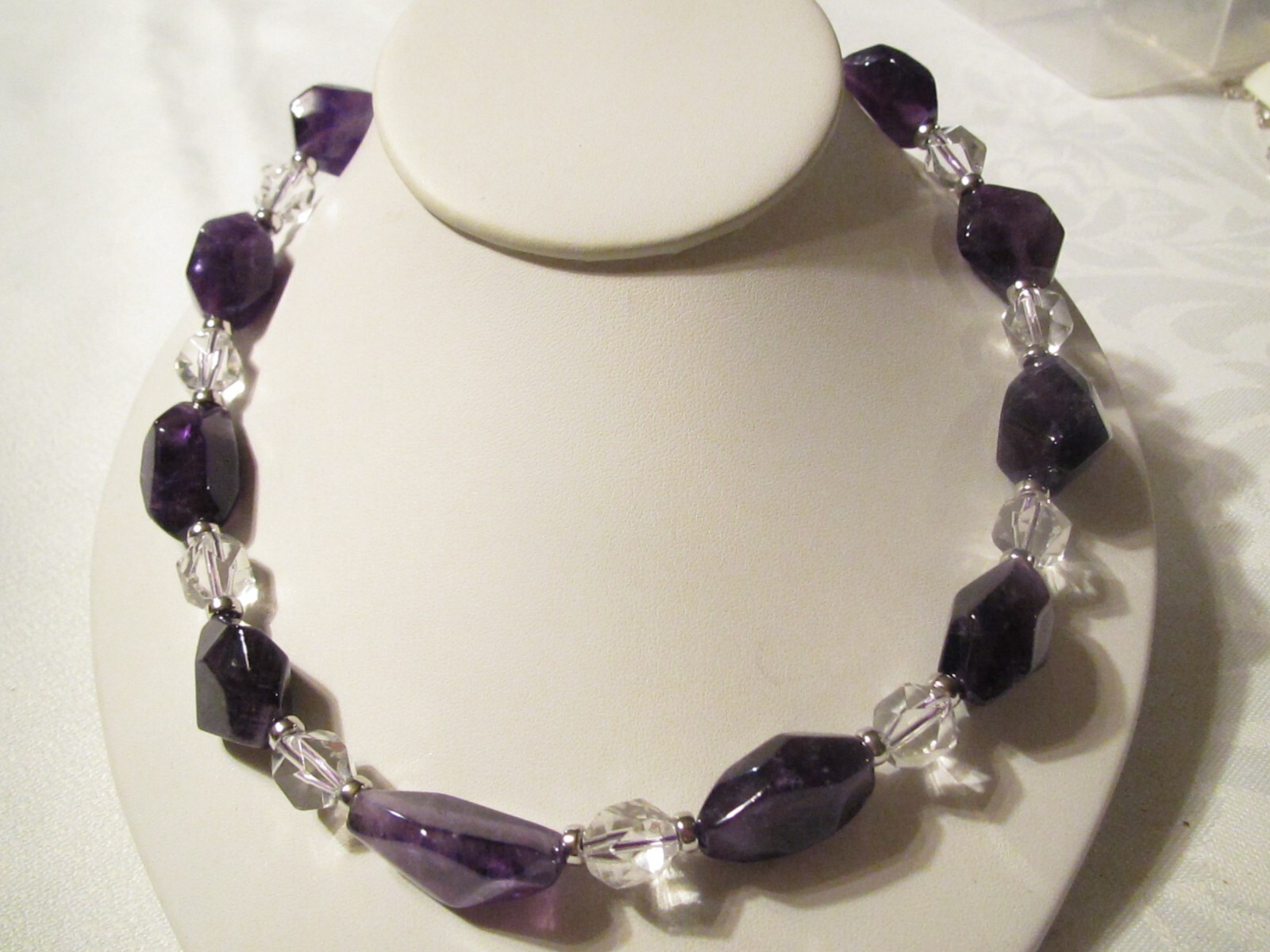 NEW HSN LARGE CHUNKY GENUINE AMETHYSTS & CRYSTALS BEAD NECKLACE – STERLING CLASP