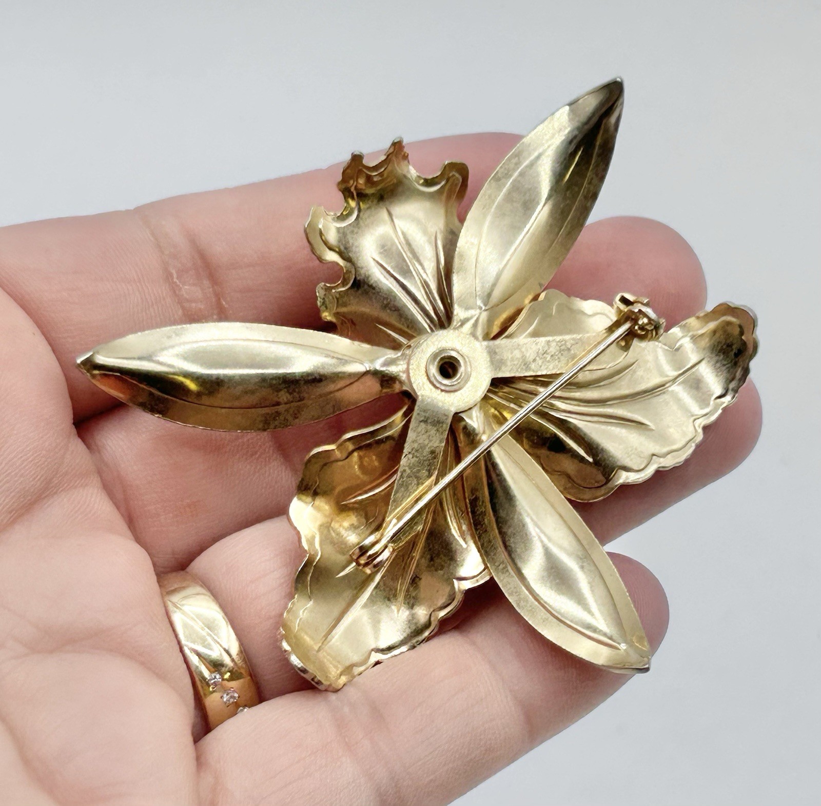Vintage Gold Tone Purple Orchid Brooch Not Marked Large 2.5″