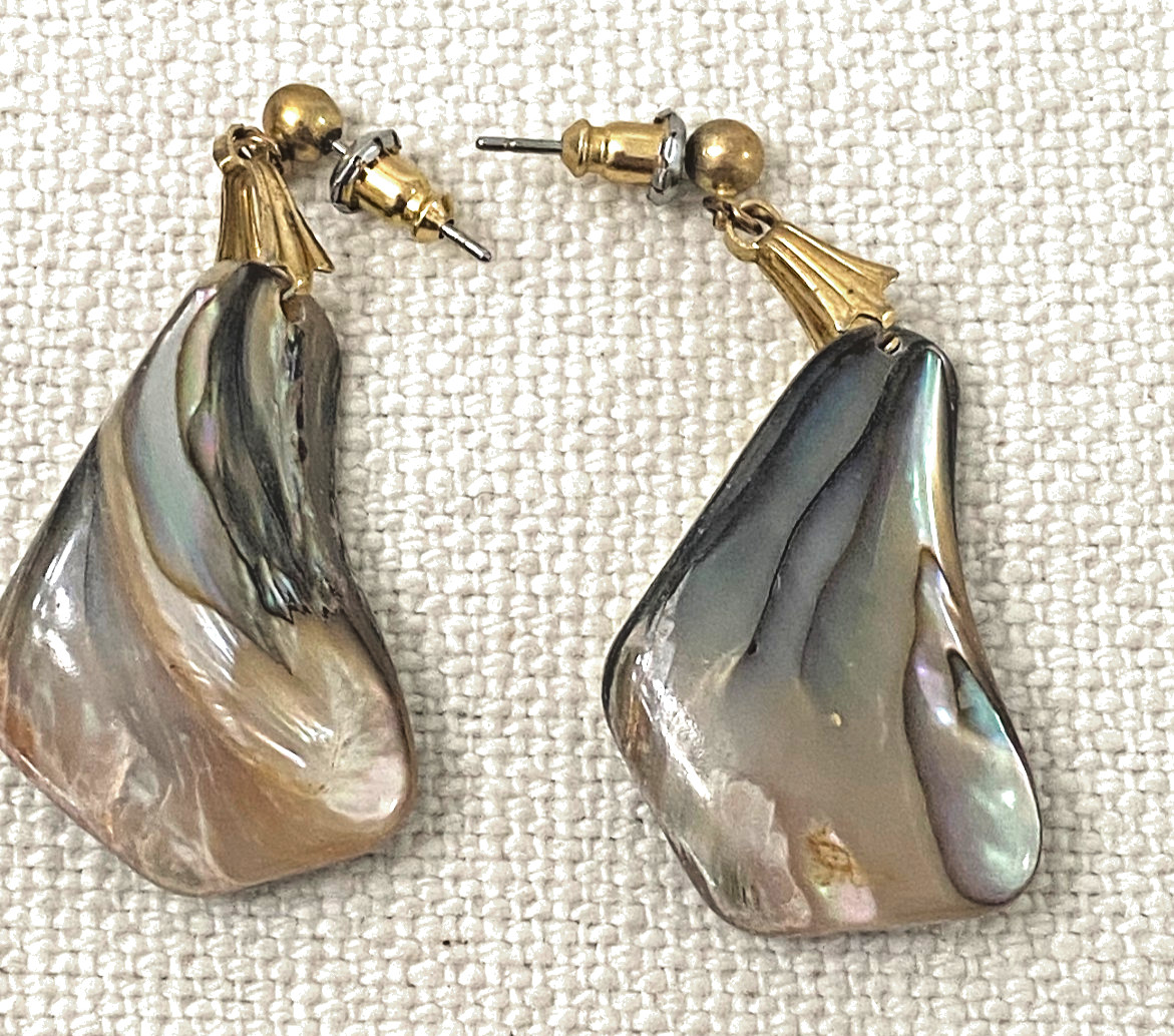 Vintage Style Iridescent Blue Green Abalone Shell Dangle Earrings Pear Shape