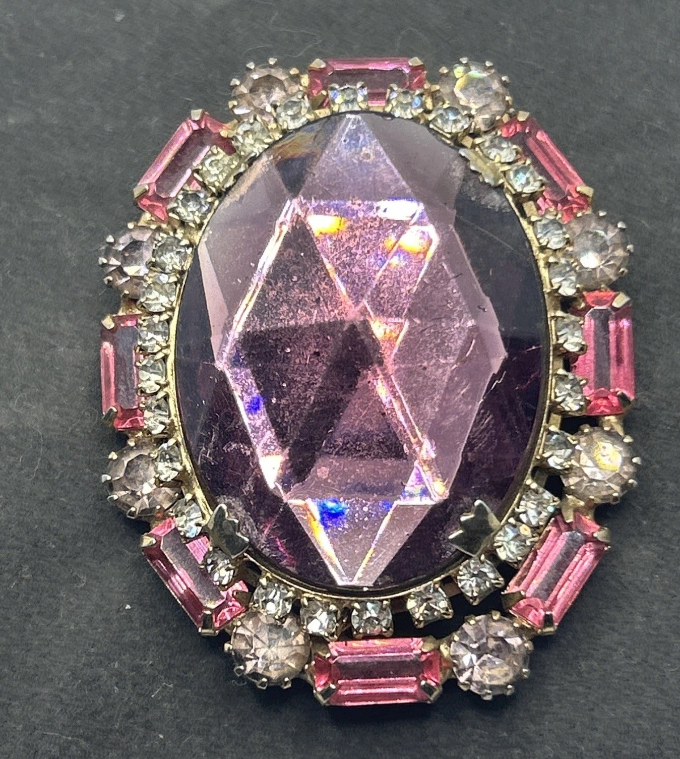Large Pink/White Set Rhinestone Purple Crystal Solitaire Gold Brass Pin Brooch