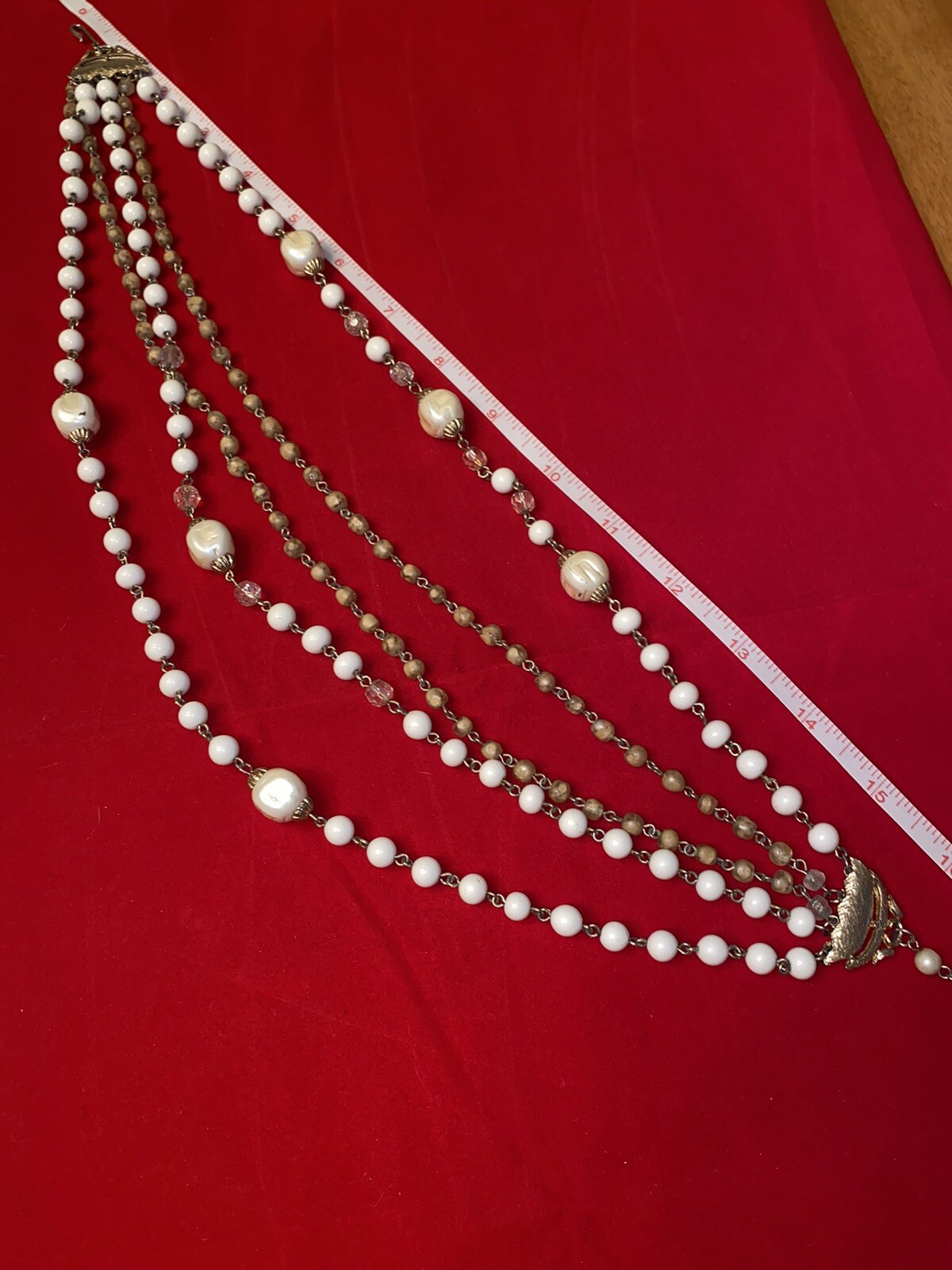 Vtg Multi Strand Gold White Champagne Crystal Faceted Bead Necklace 19”