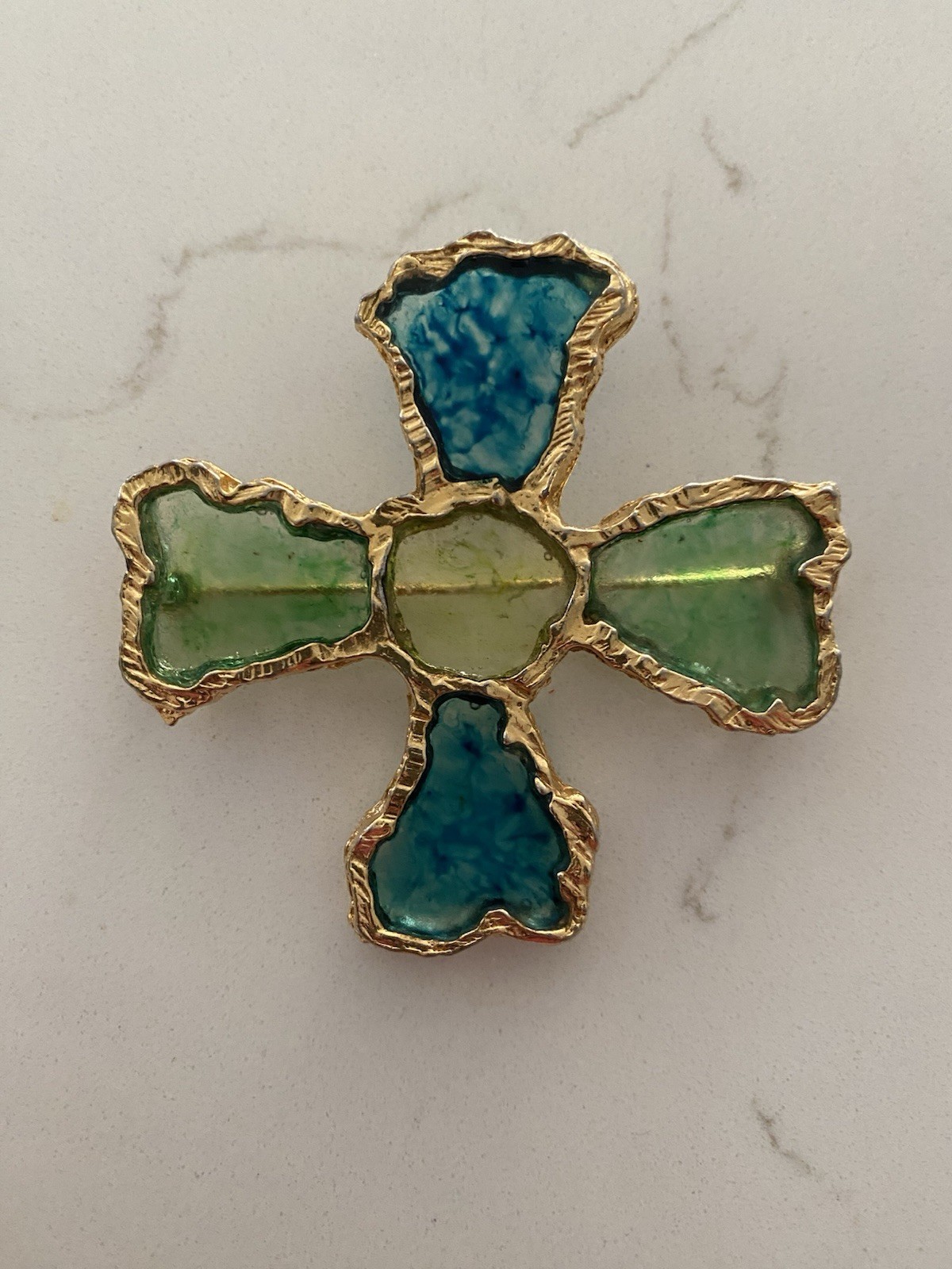 JOY Brooch Brutalist Resin PLIQUE A JOUR Maltese Cross Les Bernard Green Blue