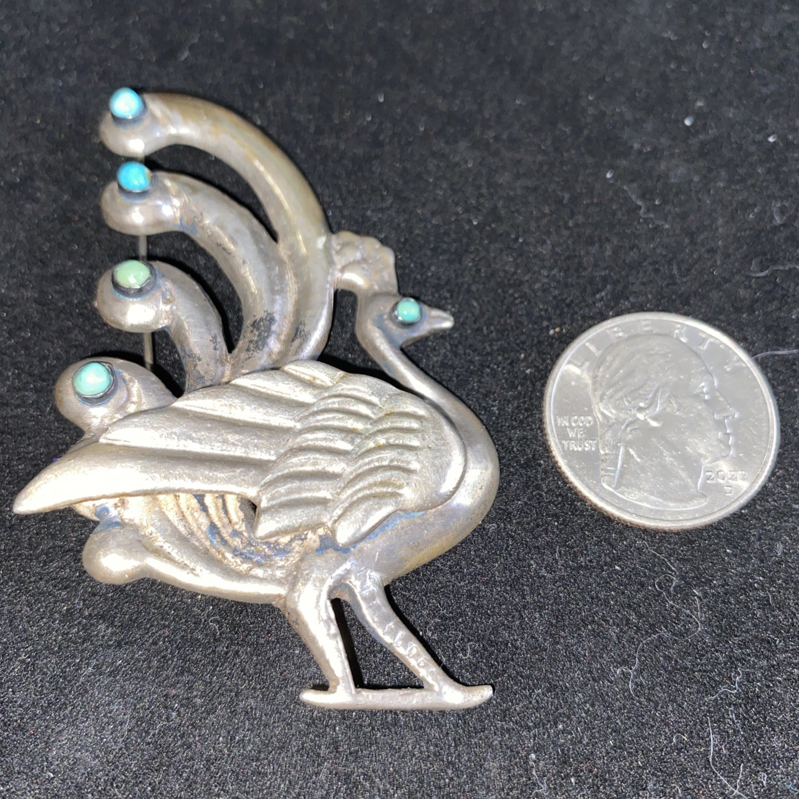 Vtg Peacock Pin Marked Silver Mexico With Turquoise Appox. 33gr Dimensional