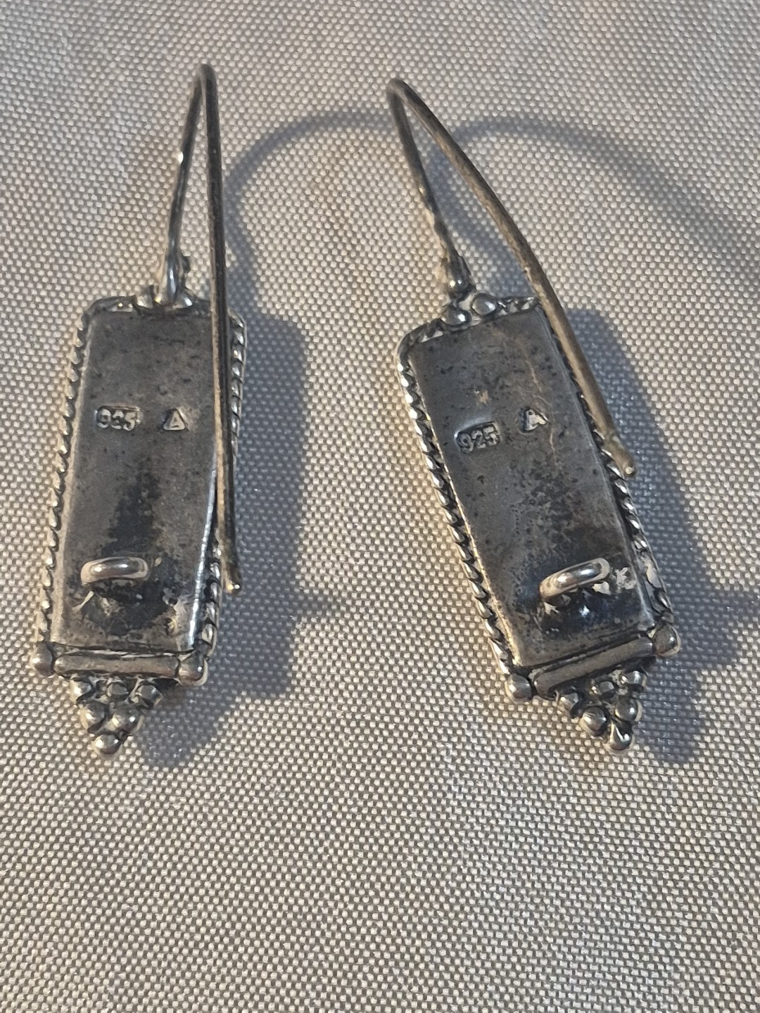 Vintage Sterling 925A Black Onyx rectangle Popcorn Bead Earrings 1.25″