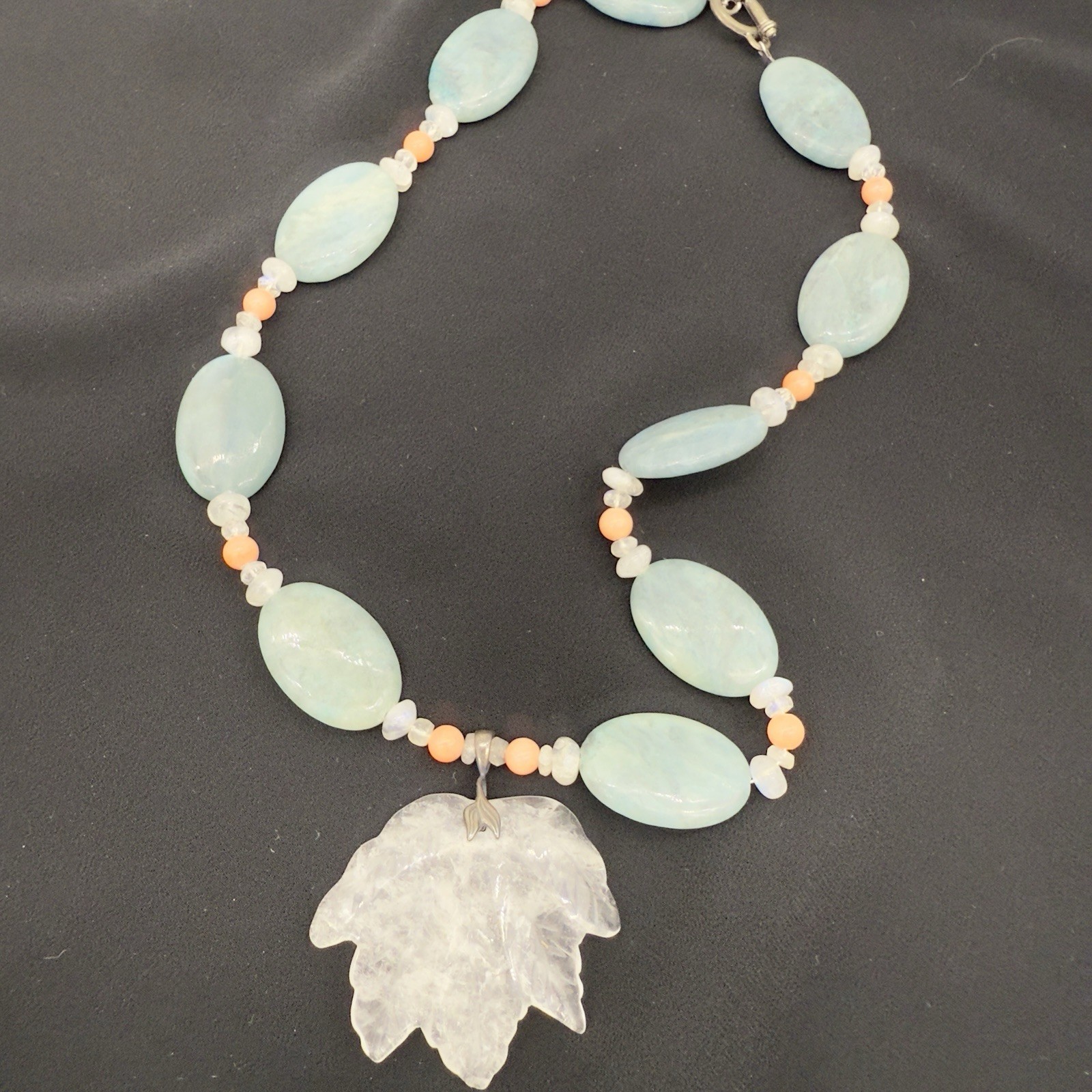 Vtg Sterling Carved Rock Crystal Necklace Angel Skin Coral Moonstone WOW
