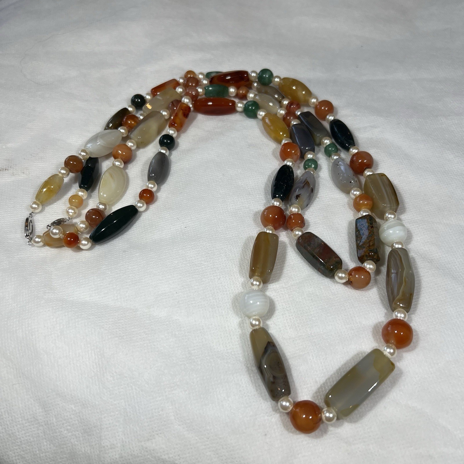 2 Vintage 1960s Semi-Precious Stone Polished Agate Quartz Silver Bead Necklace
