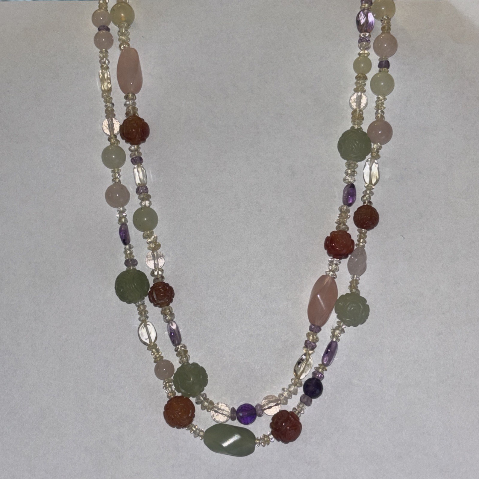 Multi-Gemstone 2-Strand Necklace Carved Jade Amethyst Sterling Silver STG 85g