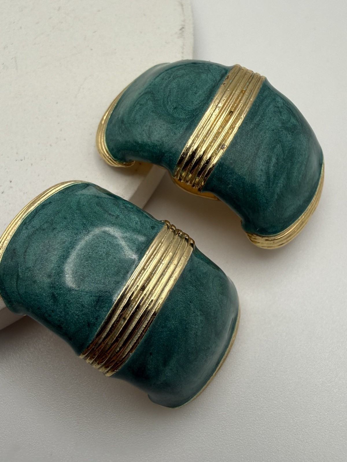 Vintage Gay Boyer GreenEnamel Gold Tone Half Hoop Clip On Earrings