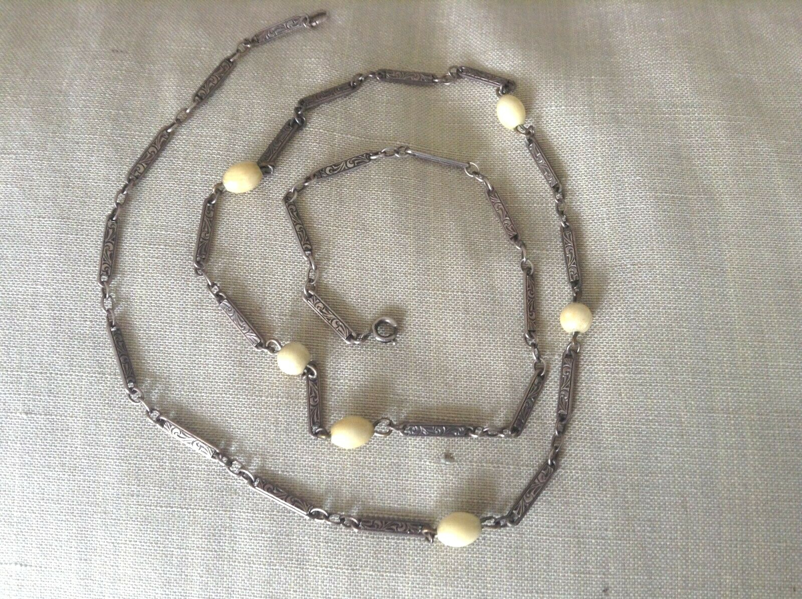 Vintage Sterling Silver Stamped Link Necklace Off White Bead Stations 25″ 13.06g