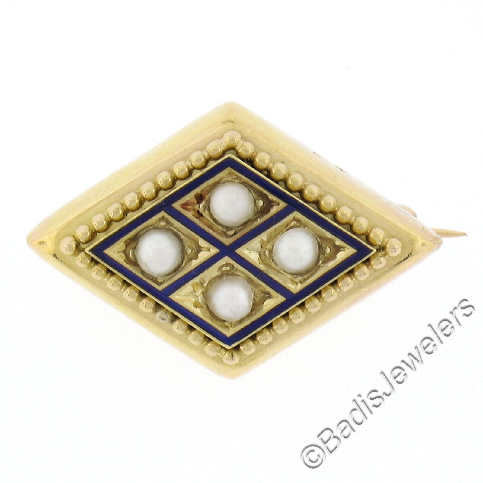 Antique Victorian 18k Yellow Gold Pearl & Blue Enamel Lozenge Shape Pin Brooch