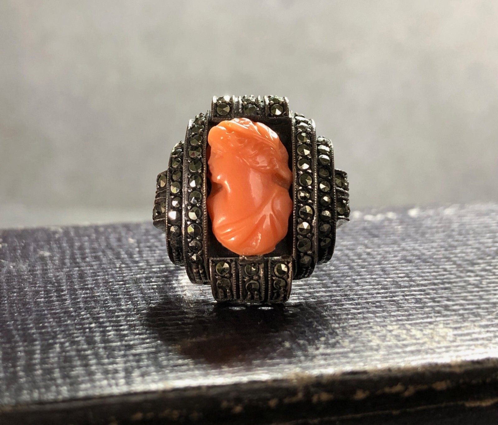 HEIRLOOM Antique EARLY VICTORIAN CORAL CAMEO Sterling Silver, Marcasite. German