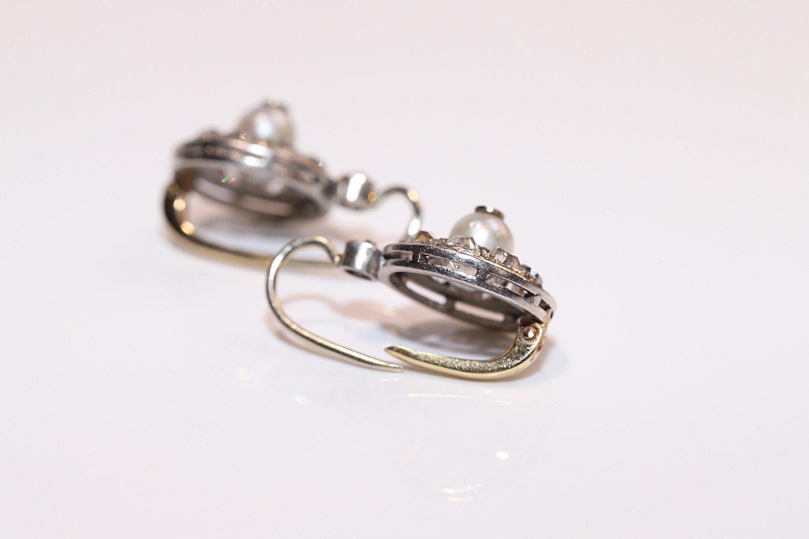 Antique Circa 1900s 18k Gold Natural Old Cut Diamond And Pearl Earring