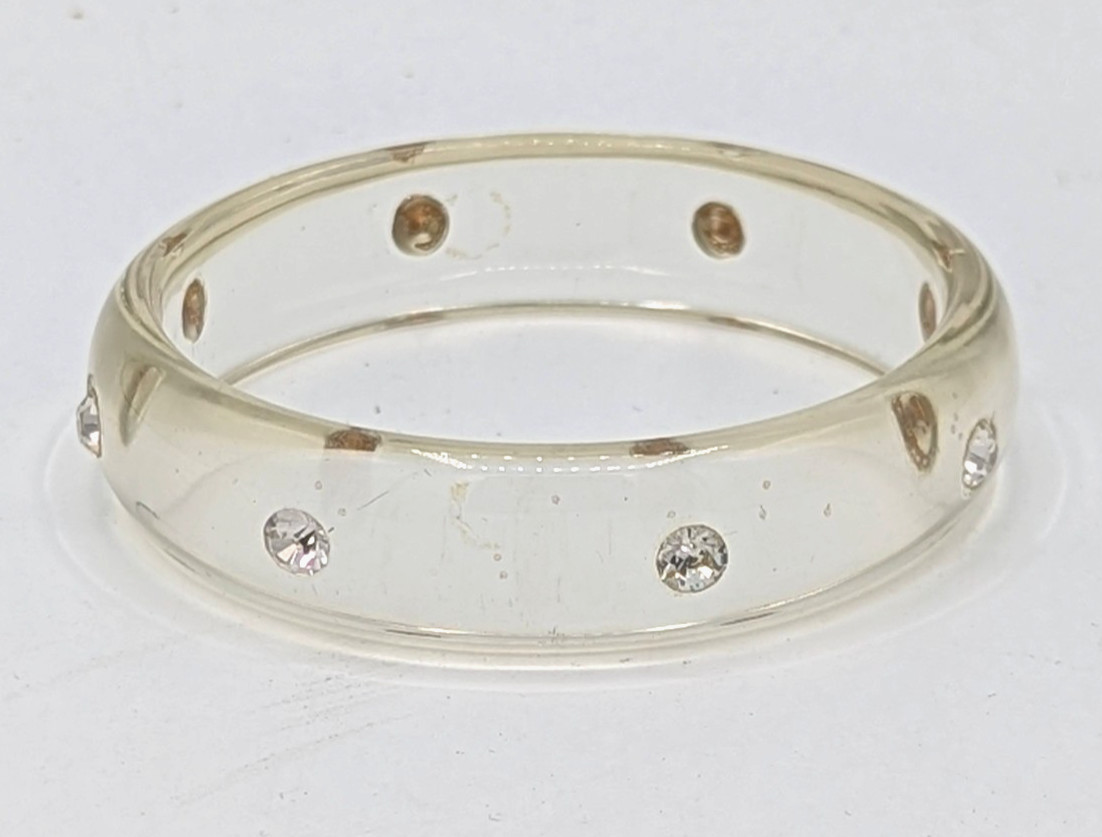 Vintage Clear Lucite Rhinestone Bangle Retro Bracelet Embedded Crystals MCM Mod