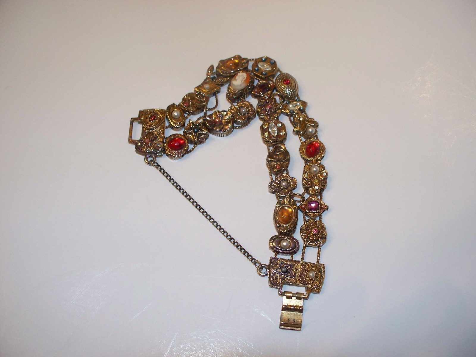 Vintage Faux Jewel Slide Double Row Charm Bracelet Cameo Amethyst Rhinestones