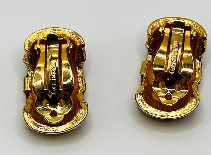Vtg Gay Boyer Earrings Enamel Blue Red Gold Half Hoop Clip 1980s 1” Statement