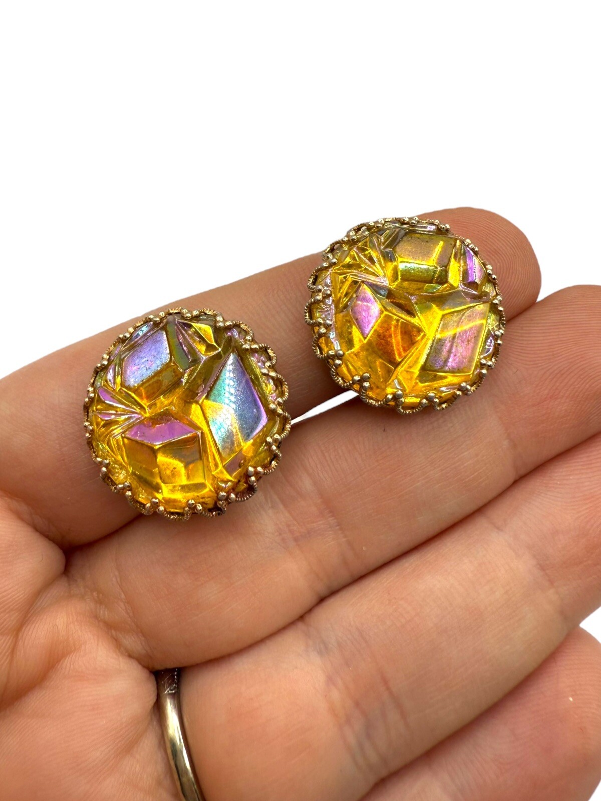 Vintage Western Germany Geode AB Glass Rhinestones Earrings Clip On