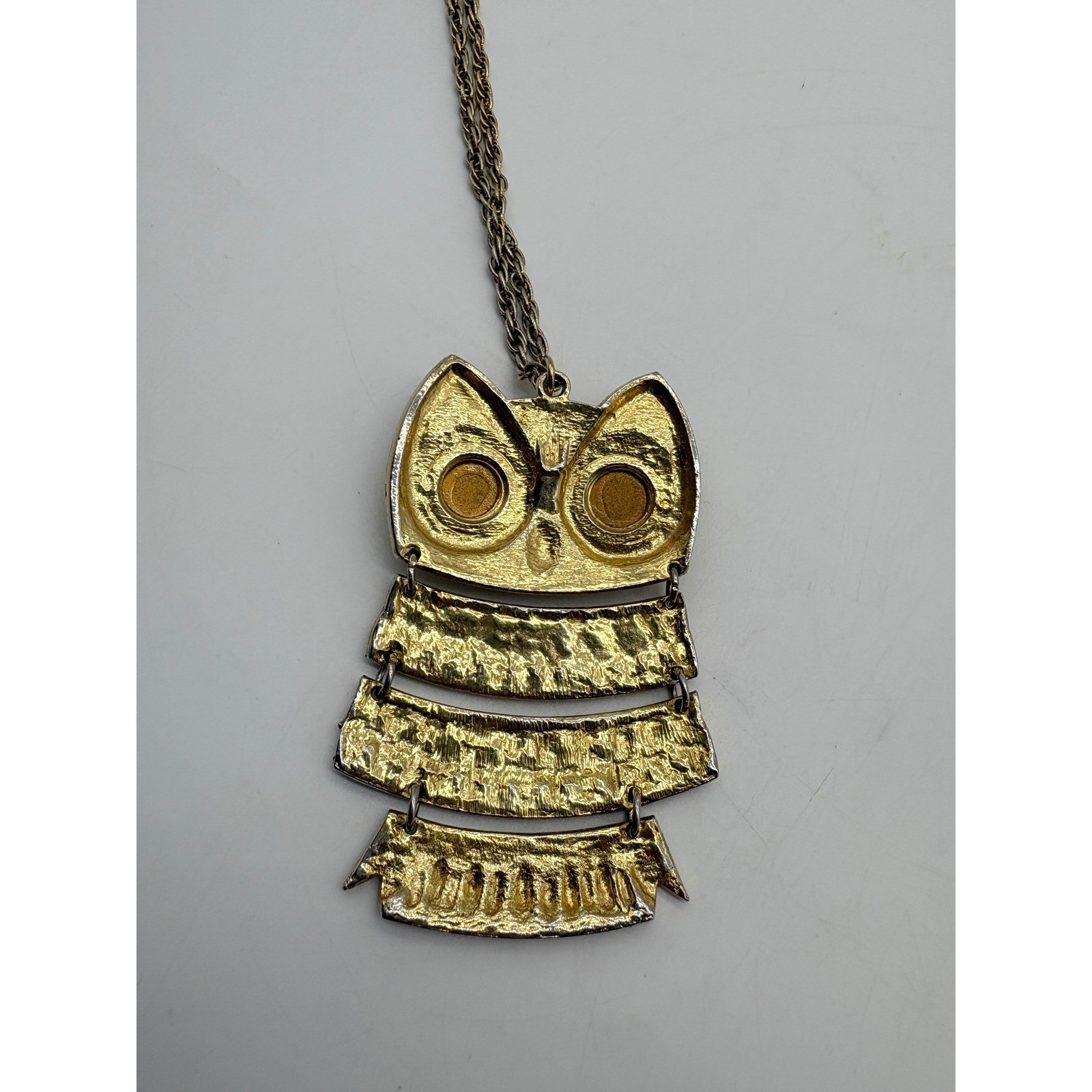 Vintage Articulated Owl Pendant Necklace Gold Tone Green Glass Eyes