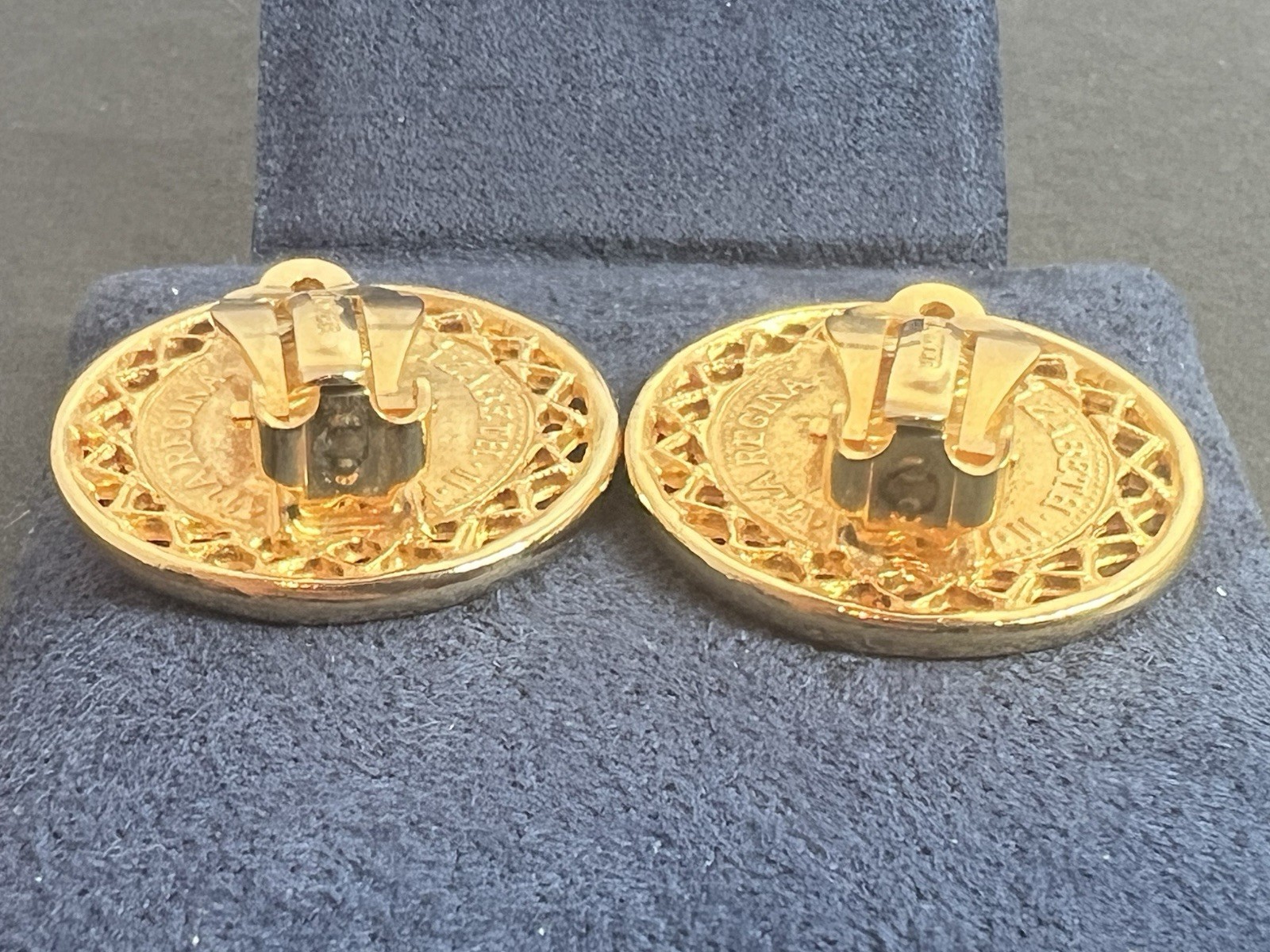 Gay Boyer Vintage Queen Elizabeth II Clip On Earrings Gold Tone 1”