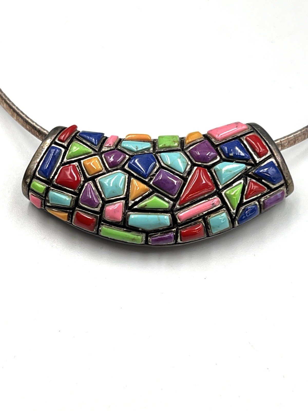 Sterling Silver Mosaic Pendant Necklace Multicolor Inlay Vintage