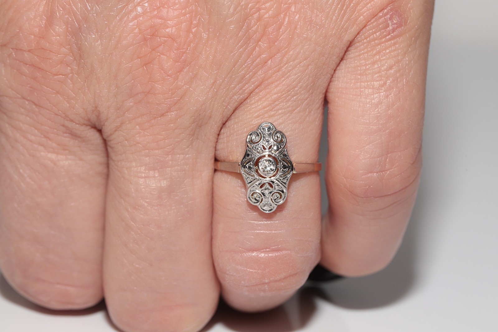 Antique Circa 1920s Art Deco 14k Gold Natural Diamond Decorated Navette Ring