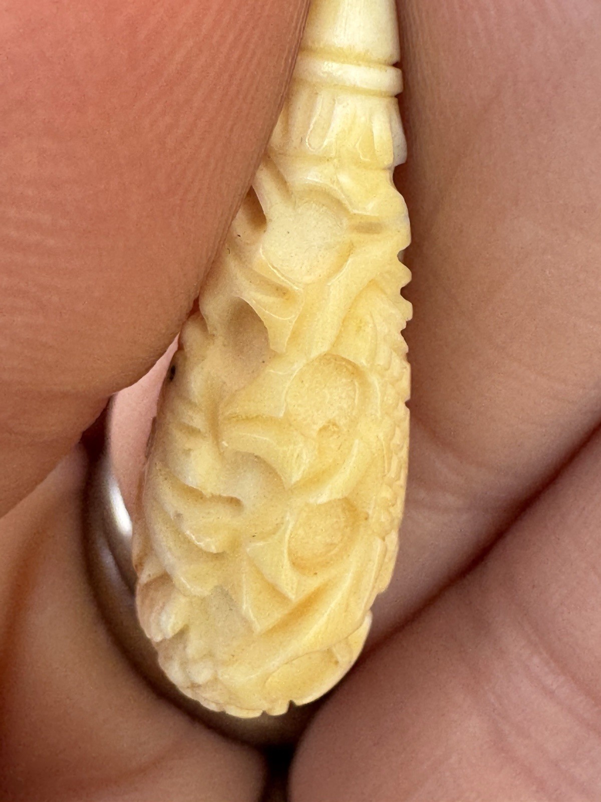 Vtg Carved Bone Dragon Earrings Butterscotch Amber Studs MidCentury Asian Export