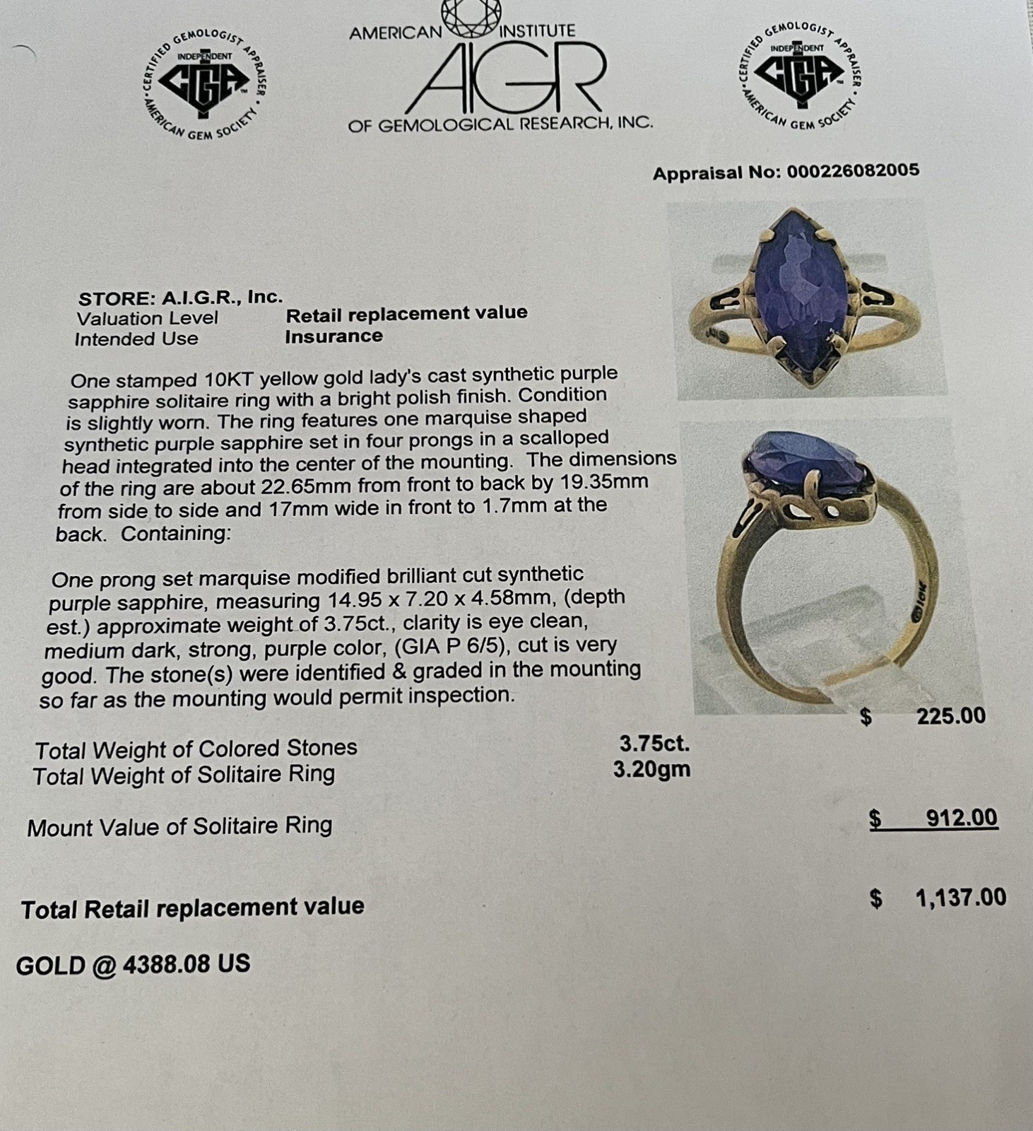 Vintage Antique Art Deco 10Kt Yellow Gold Synthetic Purple Sapphire Ring 6.0sz