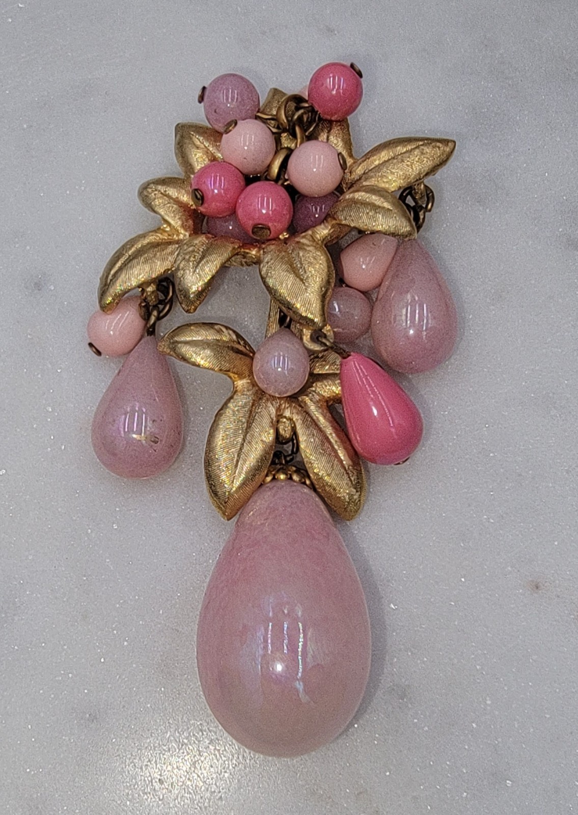 MARVELLA Pink Glass Dangle Pearls Satin Gold Tone Leaves & Glass Bead Brooch