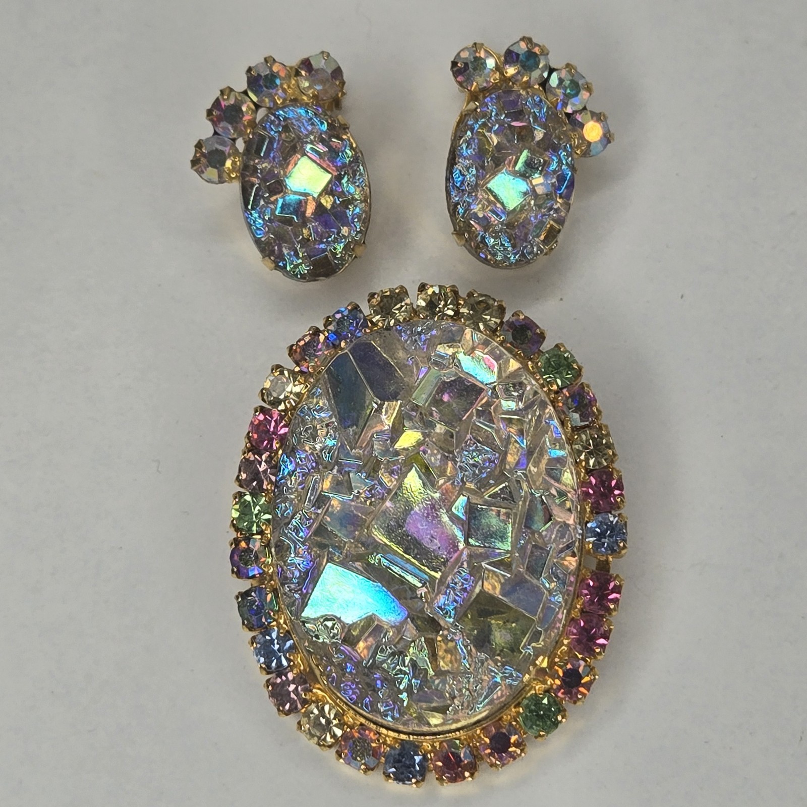 Vintage Juliana DeLizza & Elster Crystal Geode Brooch & Earrings Rare Book Piece
