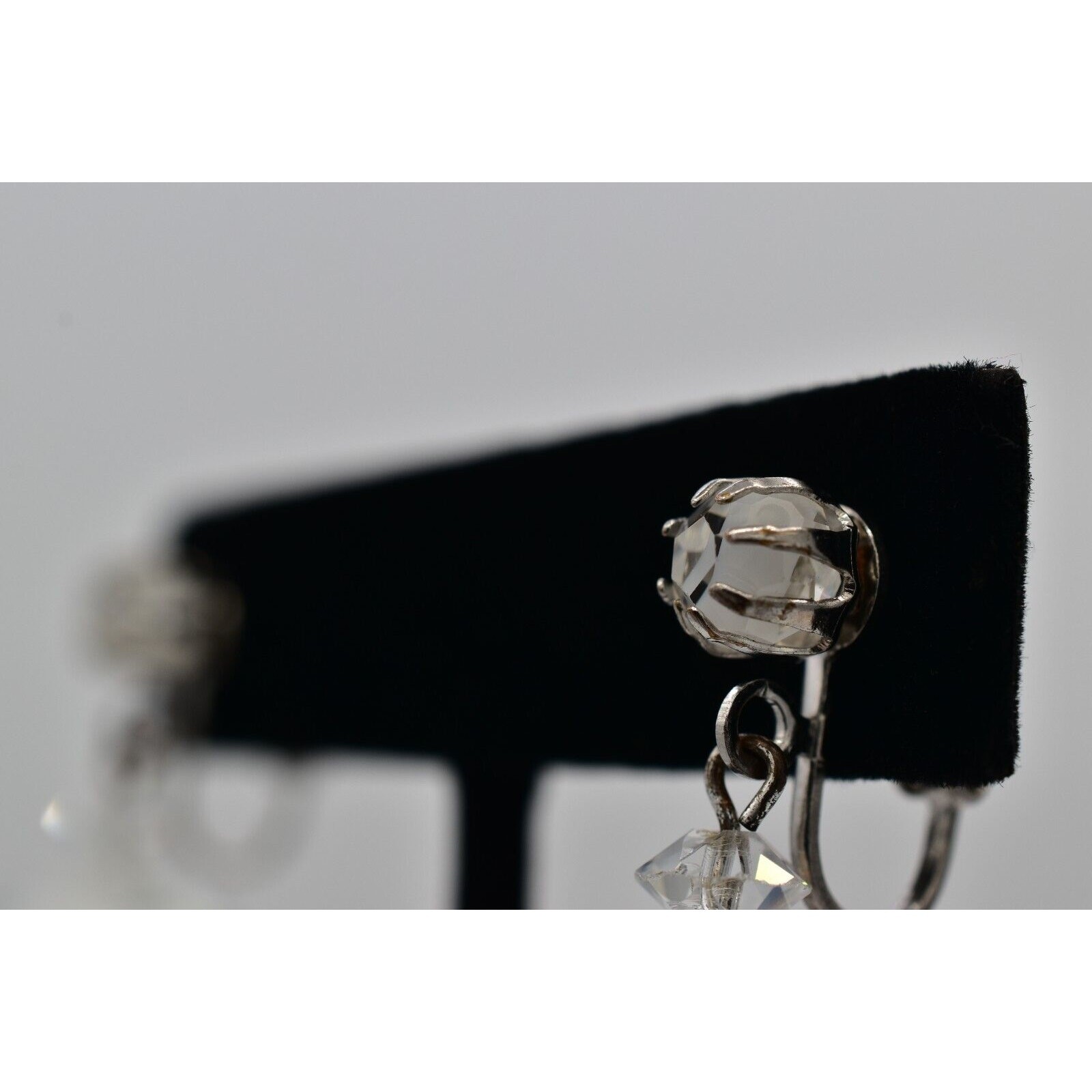 Vintage Crystal Clip On Earrings Silver Dangle Clear Ball Drop Glam 1950s A24