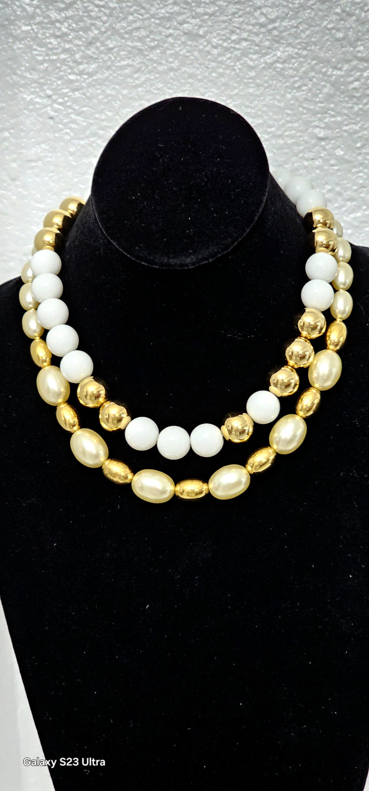 MONET & NAPIER necklaces white and gold tone faux pearls 17″ & 18″. STUNNING Pc.