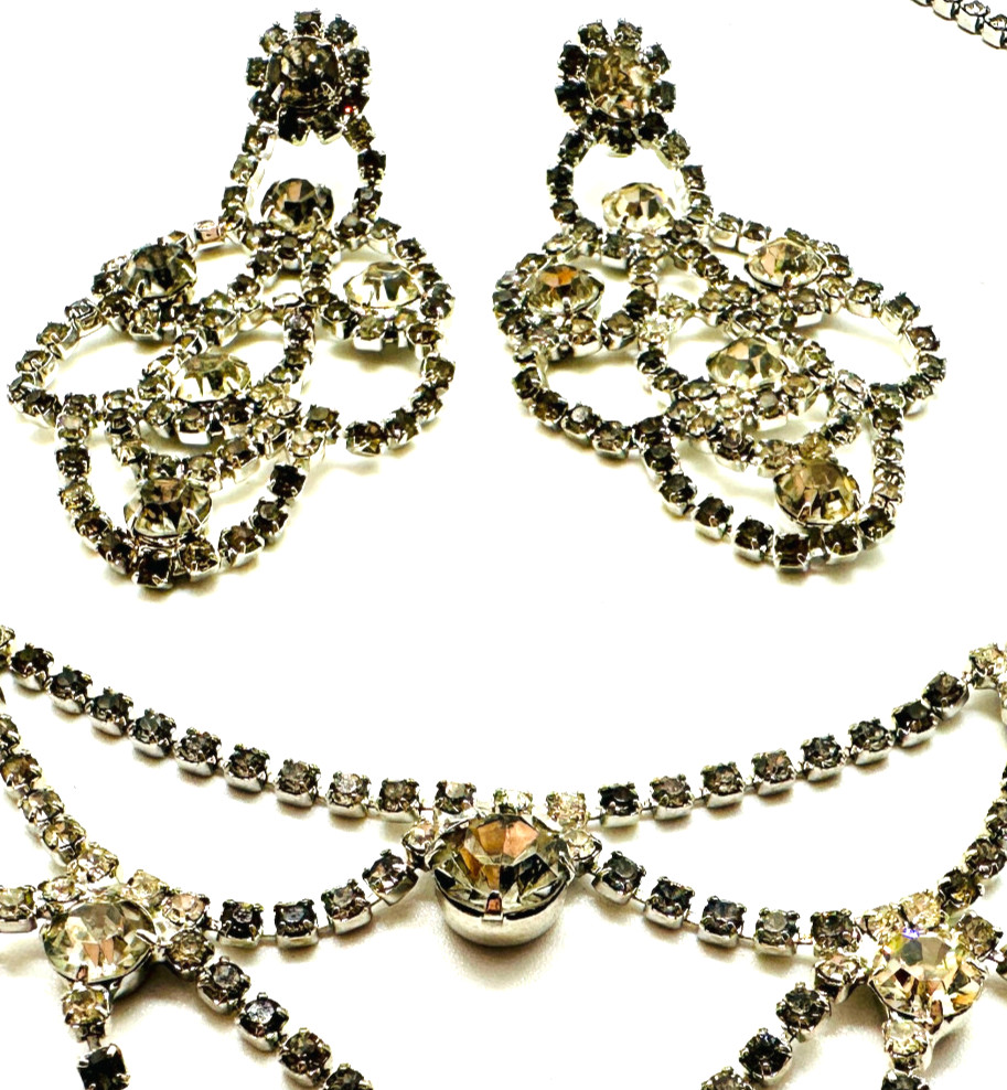 Vintage NOS Smokey Crystal Rhinestone Festoon Necklace & Pierced Earrings Set