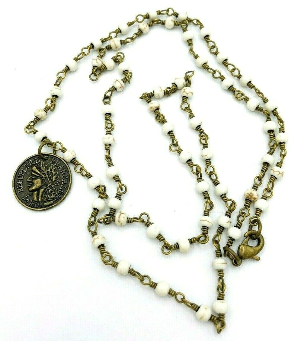 Vintage Beaded Rosary Style Republique Francais 1808 Coin Charm Necklace