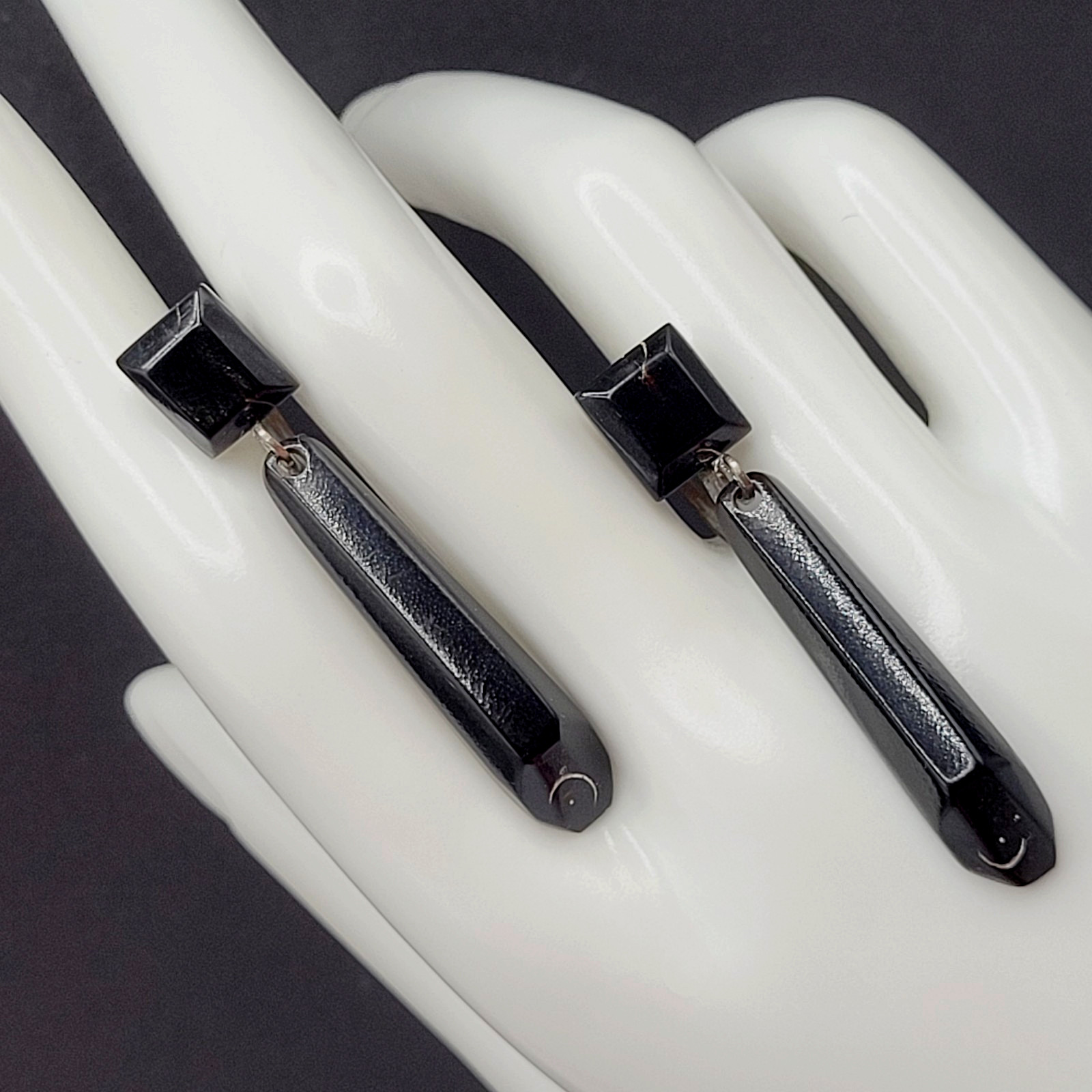 Hawaiian Natural Black Coral Vintage Screw Back Art Deco Style Dangle Earrings