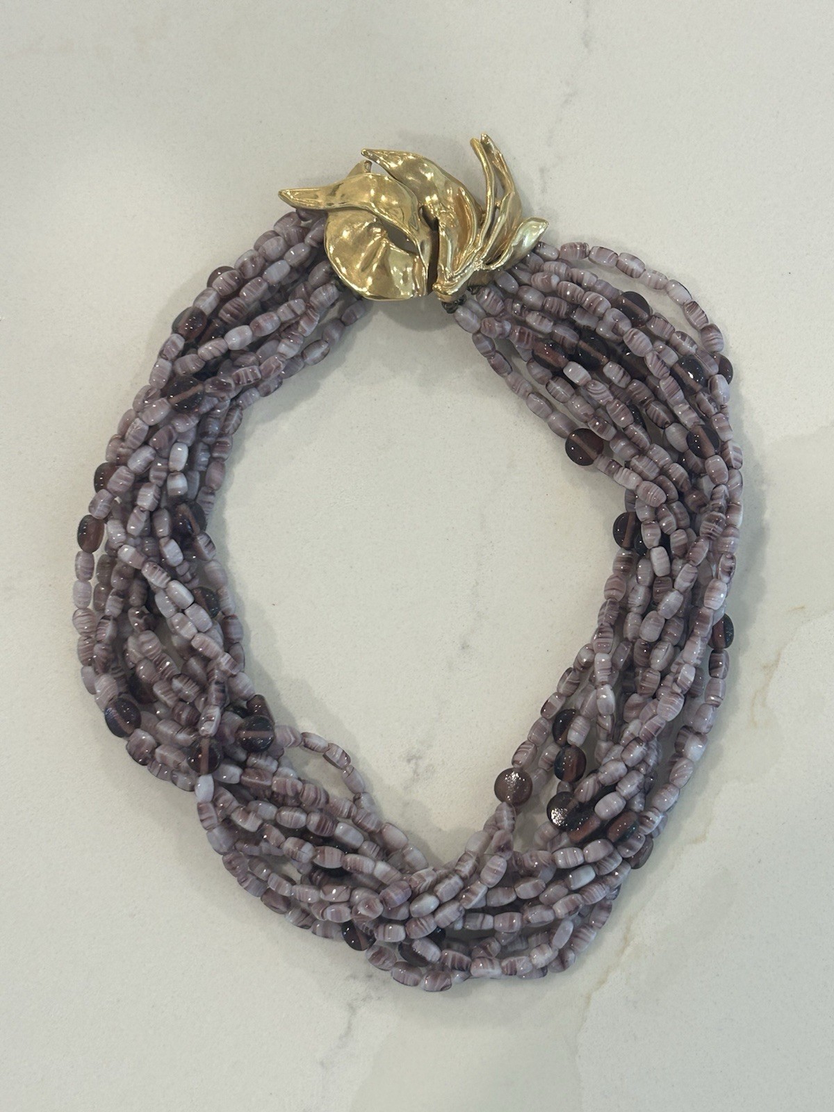 Vintage Ciner Torsade Necklace Amethyst Purple Glass Bead Sculptural Gold Clasp