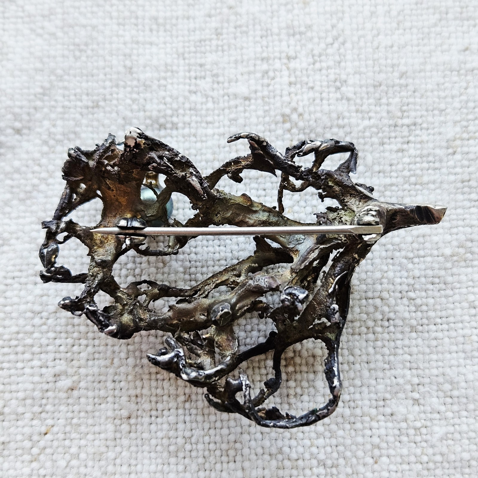Vintage Modernist Mid-Century Brutalist Silver Brooch Pin Green Pearl