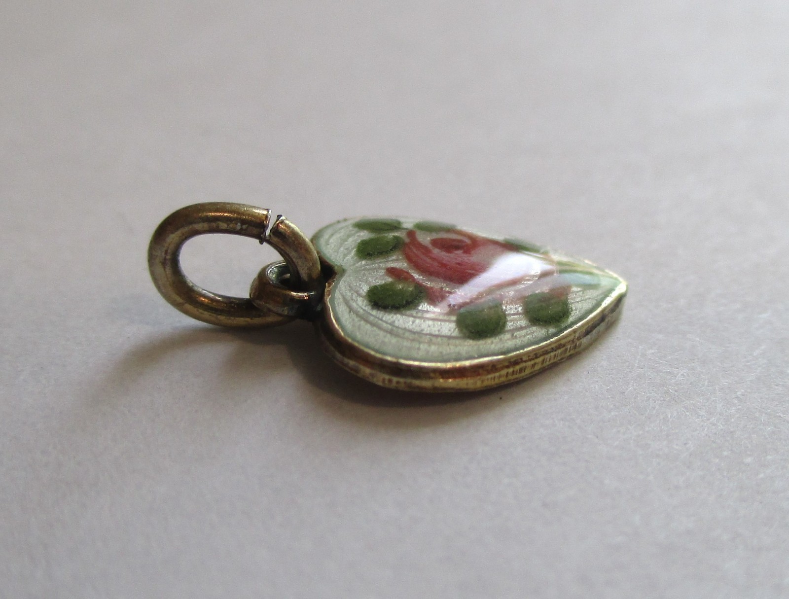 1/2in SMALL VINTAGE STERLING SILVER ENAMEL ROSE FLOWER HEART CHARM Gold Wash