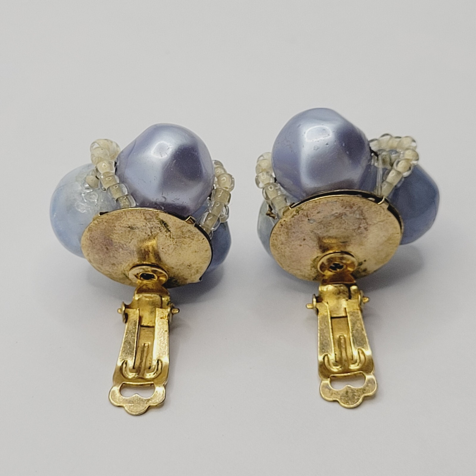 Blue Tones Lucite and Seed Bead Cluster Clip On Earrings 1950s 1960s W Germany