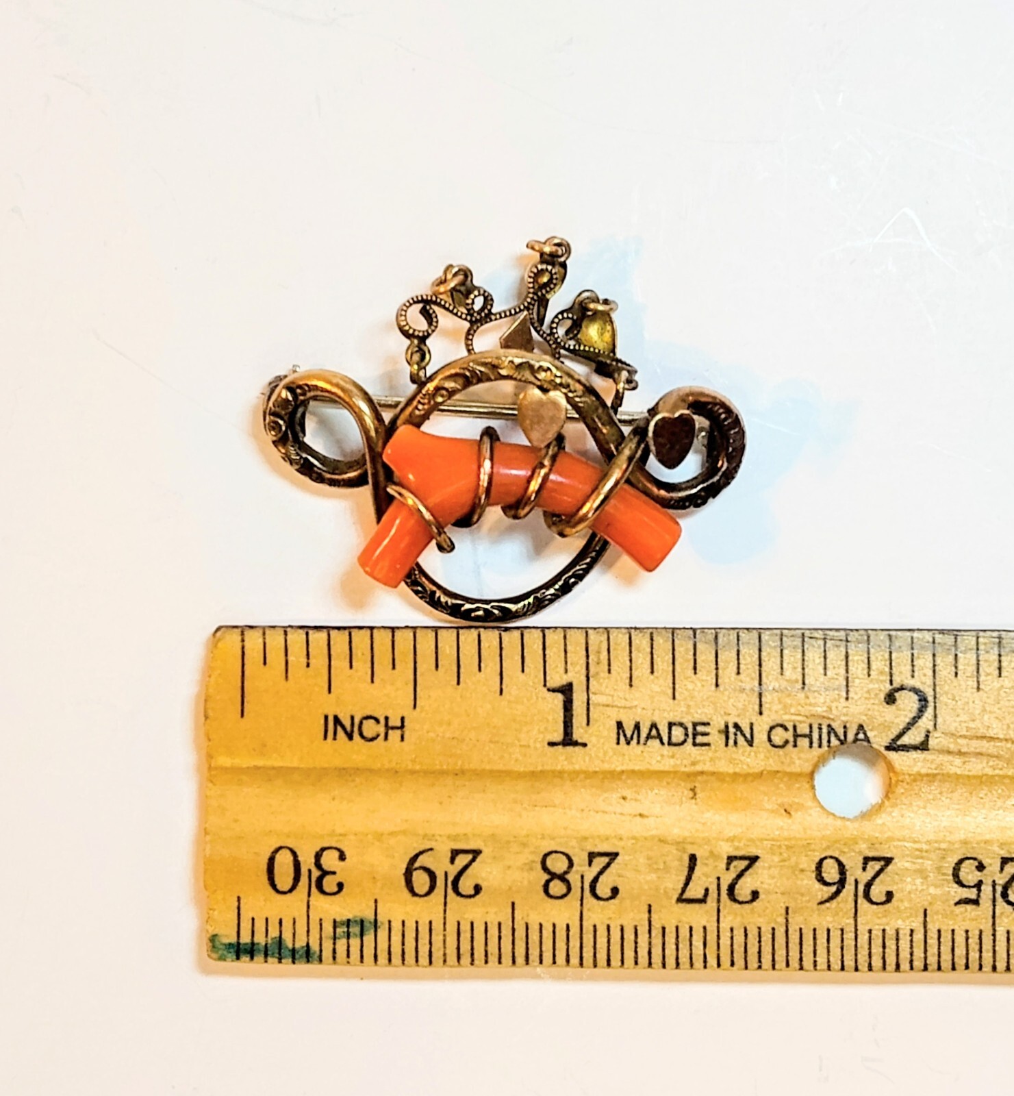 Antique 1800’s Victorian Gold Filled Red Coral Double Heart Love Knot Brooch/Pin