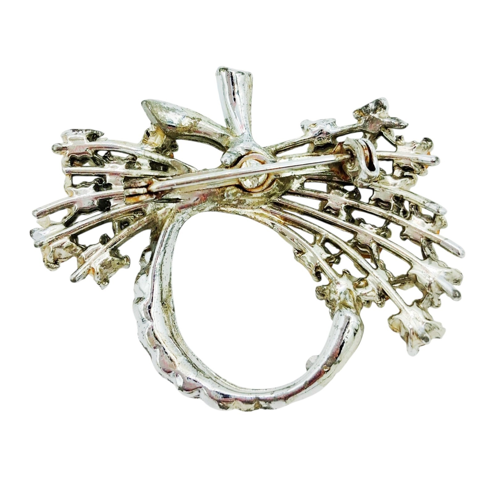 Vtg 50s Yellow Rhinestone Spray Brooch 2″ Circle Pin w AB Ribbon Accent