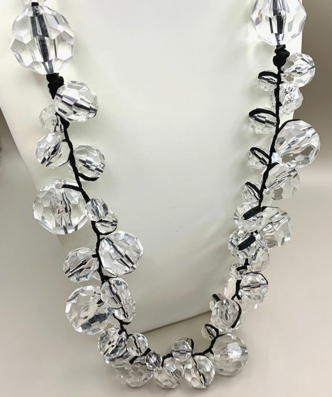 Faceted Clear Acrylic Beaded Cluster Necklace Black Satin Ribbon Statement Long
