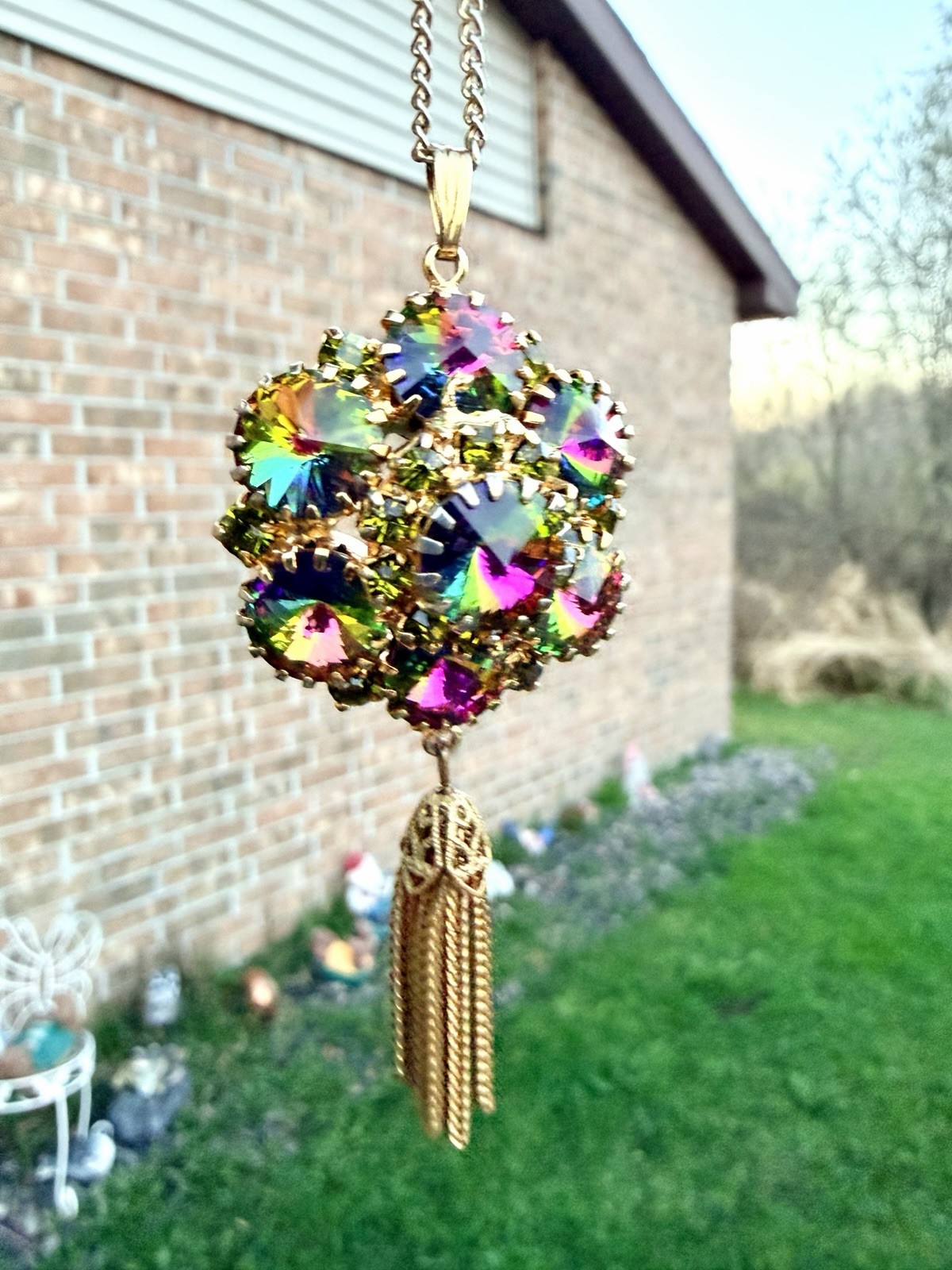 Vtg Juliana Watermelon Heliotrope Rivoli Tassel Pendant Necklace
