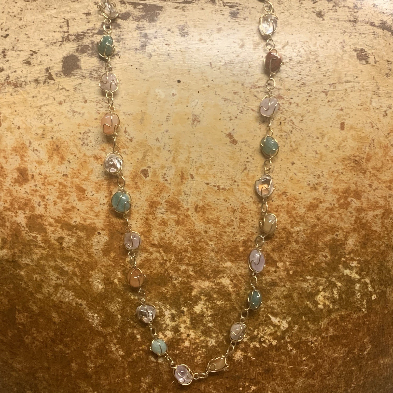 Gold & Natural Gemstone Cage Necklace 24 Inches Vintage