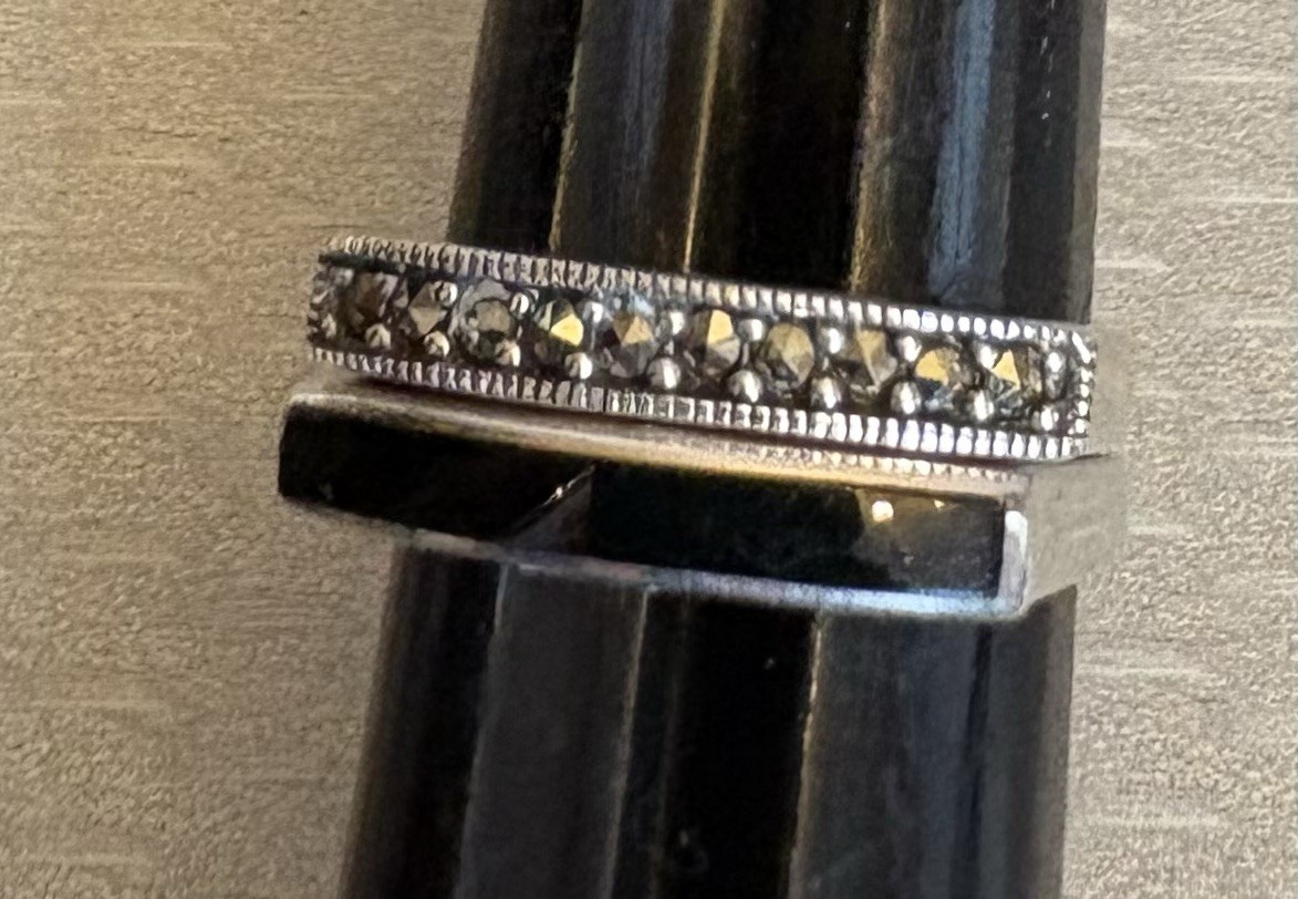 Pair Stackable Sterling Silver Band Rings Flat Top Marcasite Black Enamel size 8