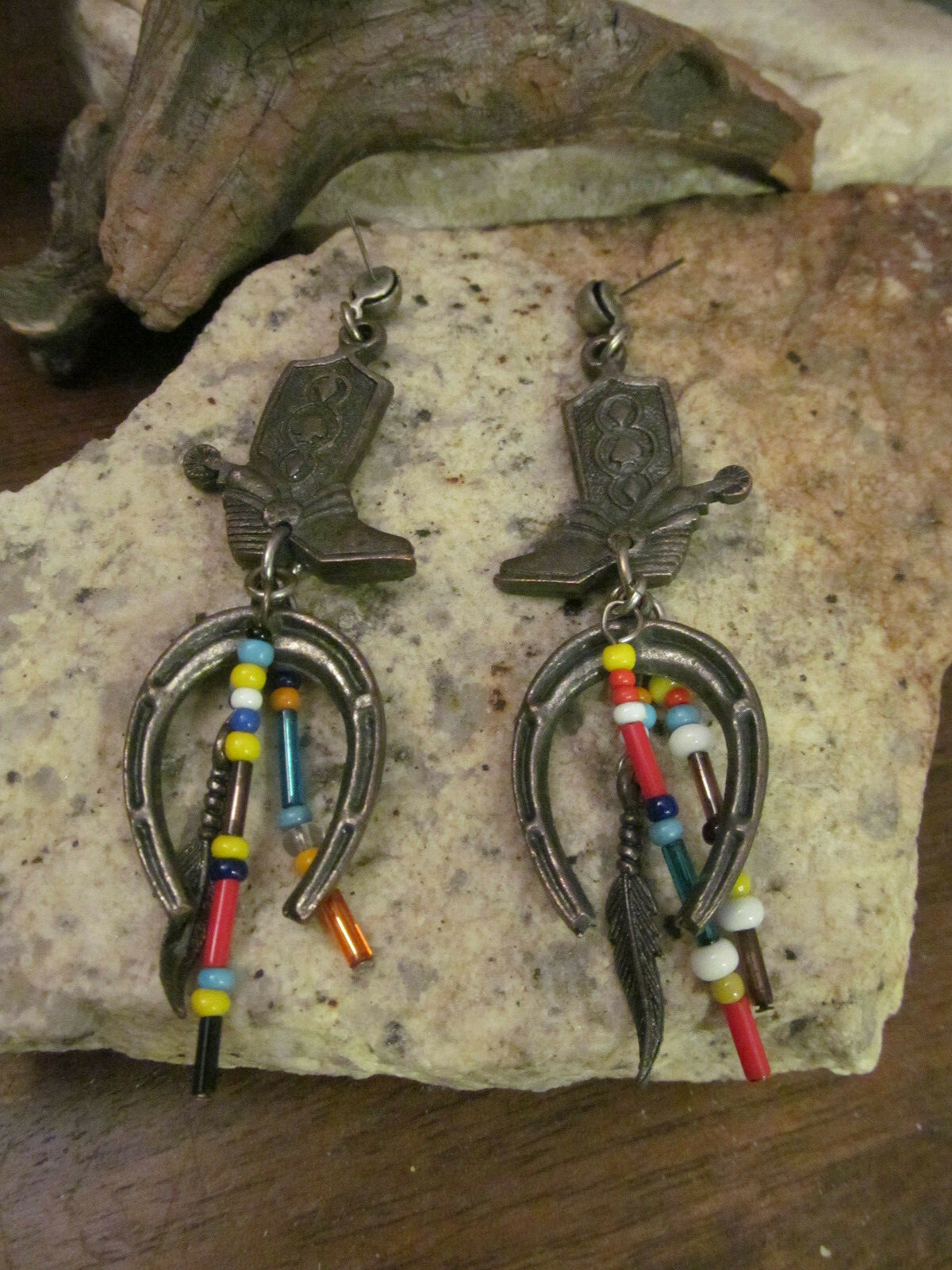 Western Brass tone Cowboy boots Horseshoe Feather Colorful beads Stud Earrings