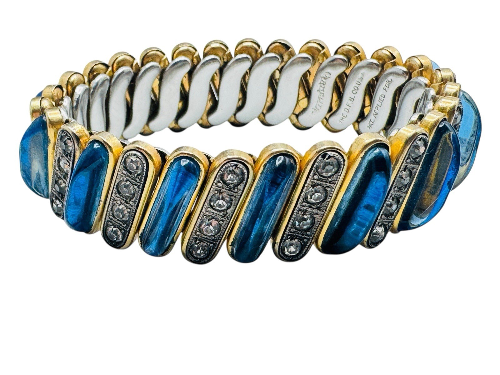 Vintage Blue Glass Cabochon Expansion Bracelet Rhinestones Nice DFB Co